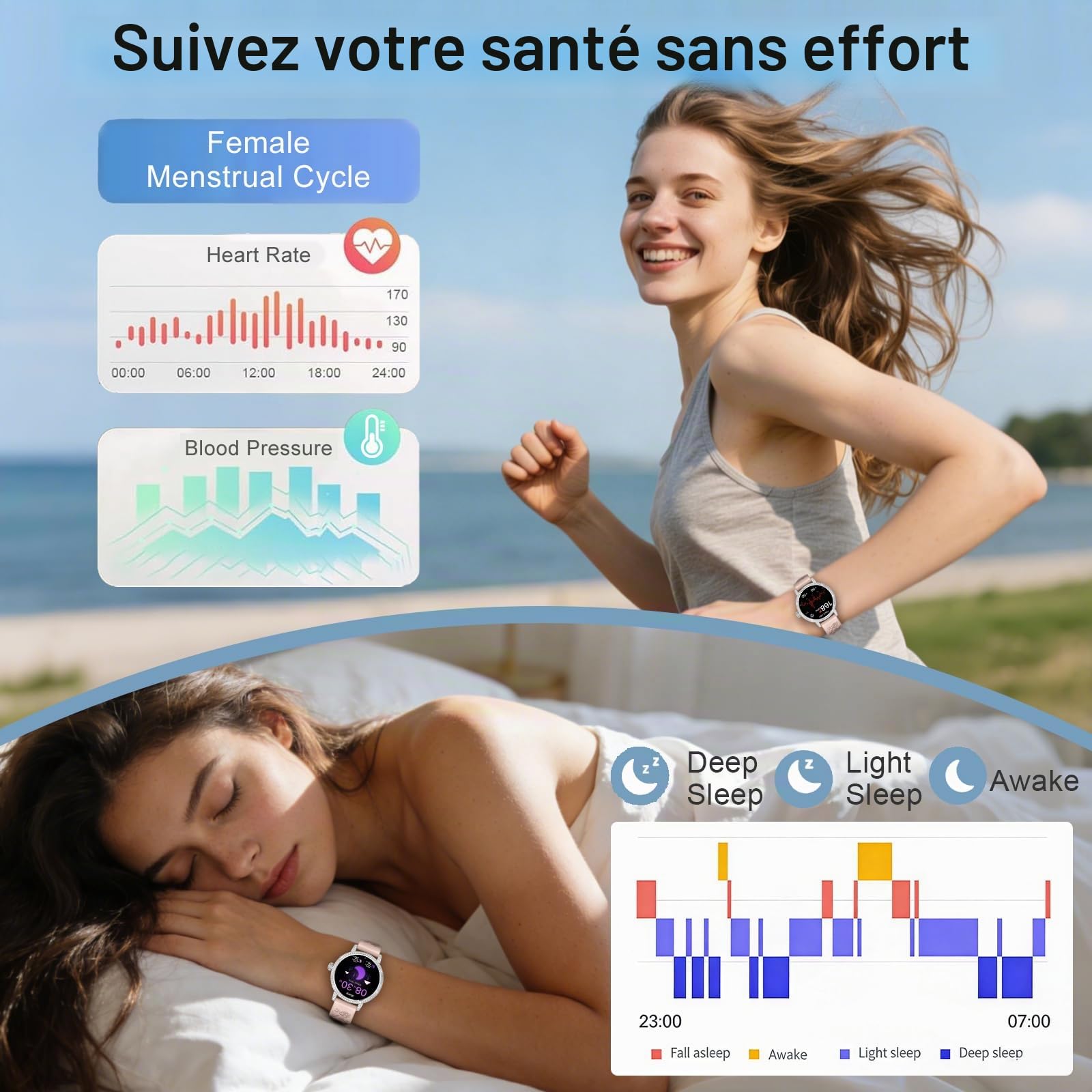 Montre Connectée Femme avec Diamant,3 Bracelets,1,27" HD appels Bluetooth Smartwatch,Fréquence Cardiaqu/Sommeil/SpO2/Féminine/Calories,IP68,120+ Sportif Podomètre Tracker pour Android/iOS,Argent