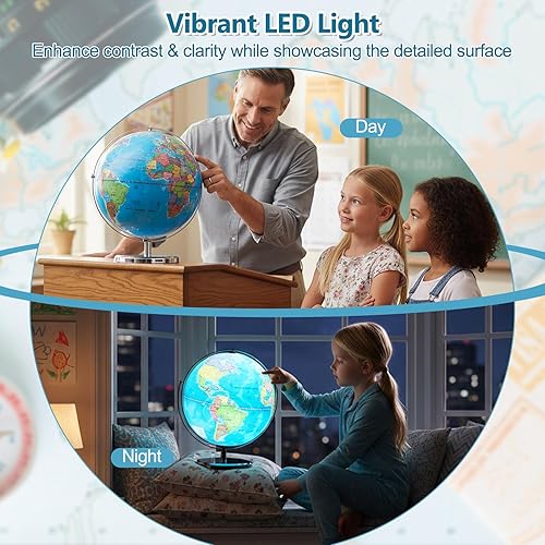 Miniatura 6 de Globo del mundo iluminado de 13 pulgadas con soporte, globo de escritorio con luz LED, mapa claro y rotación de 720, globos geográficos educativos