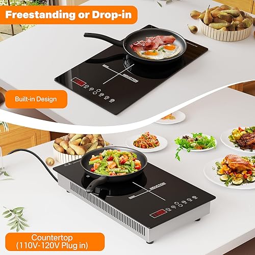 Miniatura 6 de Placa de cocción de inducción de 2 quemadores, placa caliente de doble inducción con temporizador y bloqueo para niños, estufa eléctrica portátil de