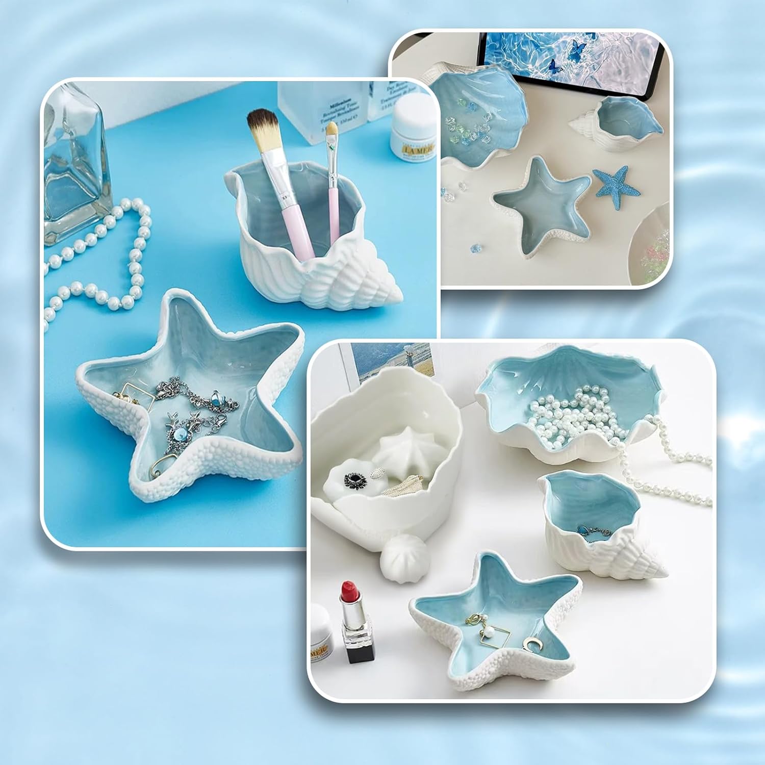 3 Pcs Starfish Shape Ceramic Jewelry Tray Aqua Shell Trinket Dish Conch Shape Ceramic Jewelry Tray Ring Earring Holder Ocean Themed Trinket Plate Decorative Earring Rings Bracelet
