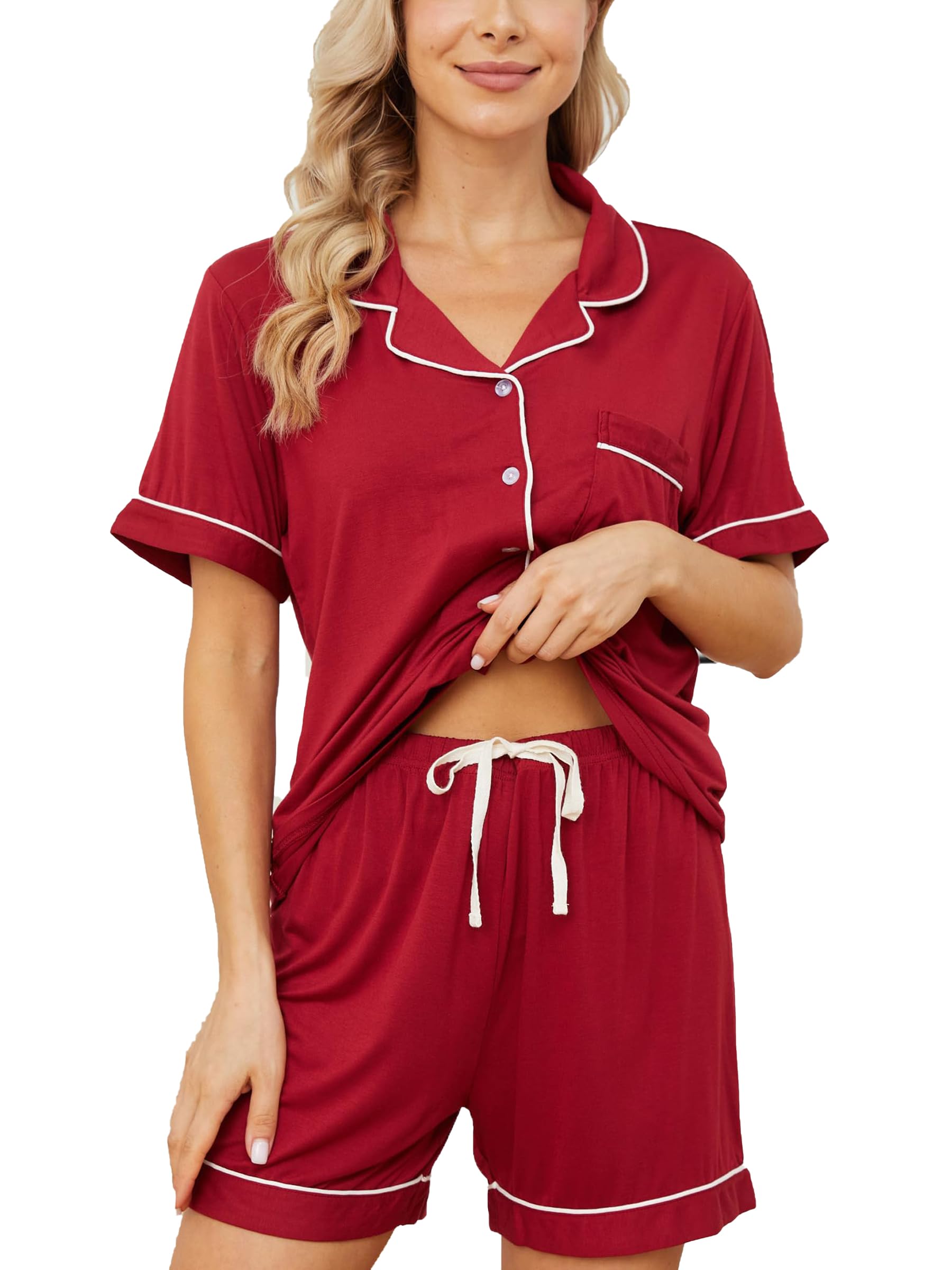 Yoolfine Womens Pajama Sets Short Sleeve Sleepwear Soft Button Down Nightwear Lounge Pj Set XS-XXL