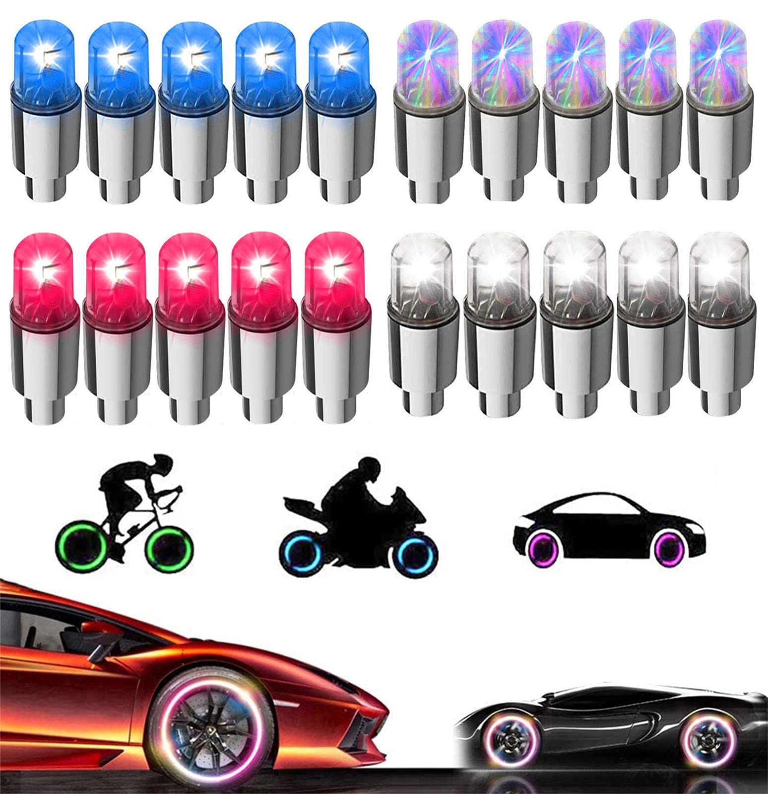 20 Pack LED Valve Stem Caps Lights for Car Tires Wheel Assemblies Light up Air Neon Bicycle Motorcycle Tyre Valve Lights Bike Truck Golf Cart for Kids Men Women(Mixcolor)