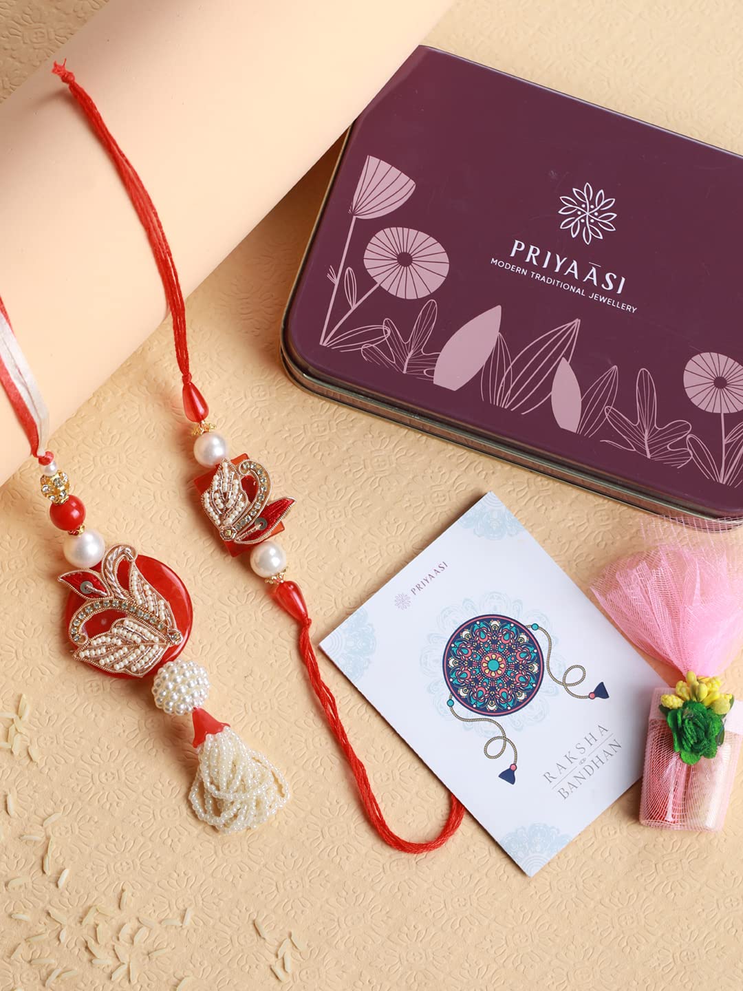 Priyaasi Rakshabandhan Red Beaded Fancy Lamba and Rakhi Set with Roli Chawal, Greeting Card for Bhaiya-Bhabhi, Bhai, Brother, Men - Traditional Stylish Rakhi (Set of 2) - Image 6 thumbnail