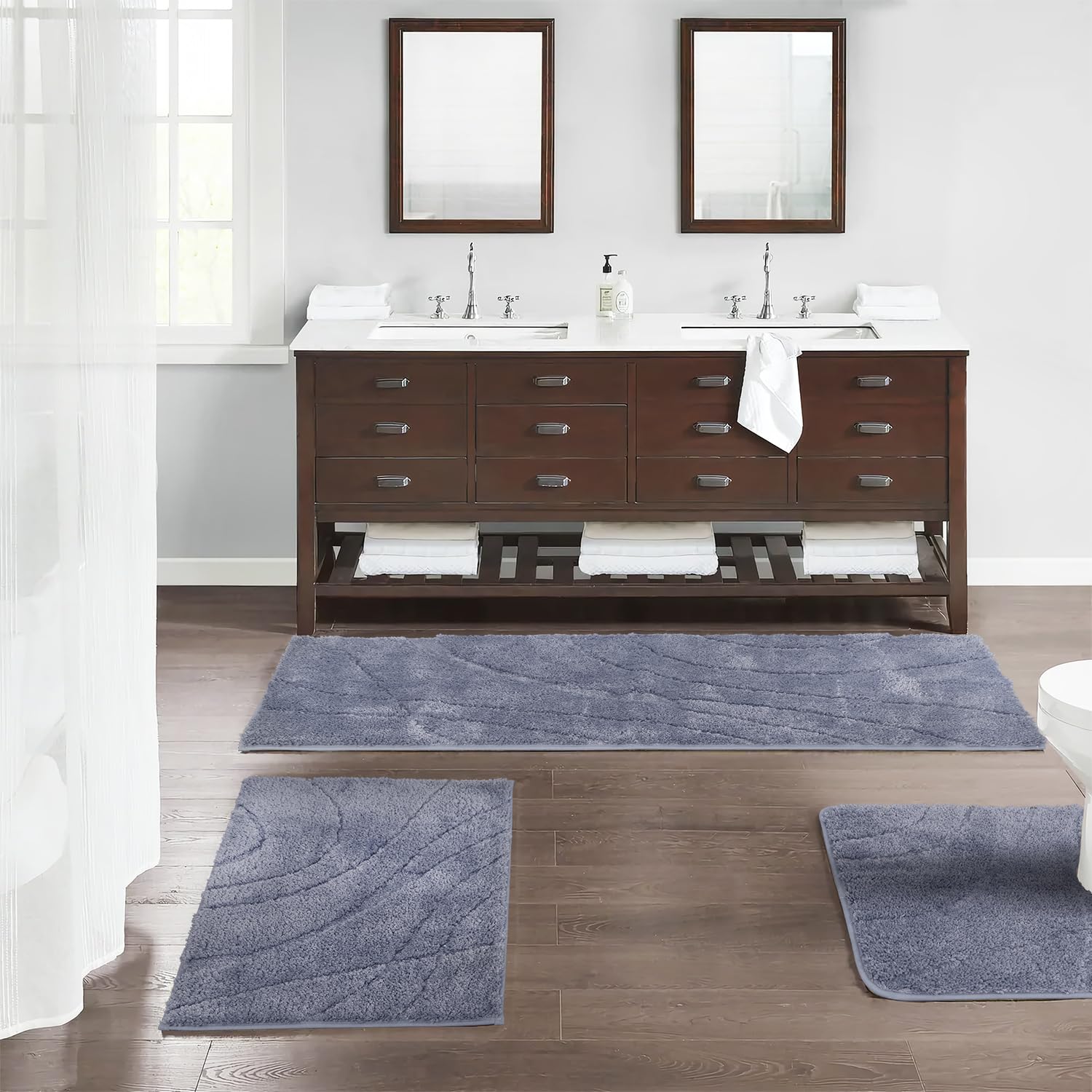 Zeeinx Juego de 3 alfombrillas de baño antideslizantes y absorbentes para baño, lavables a máquina, alfombra de baño y alfombra de inodoro en forma de U para baño, bañera y ducha, color gris