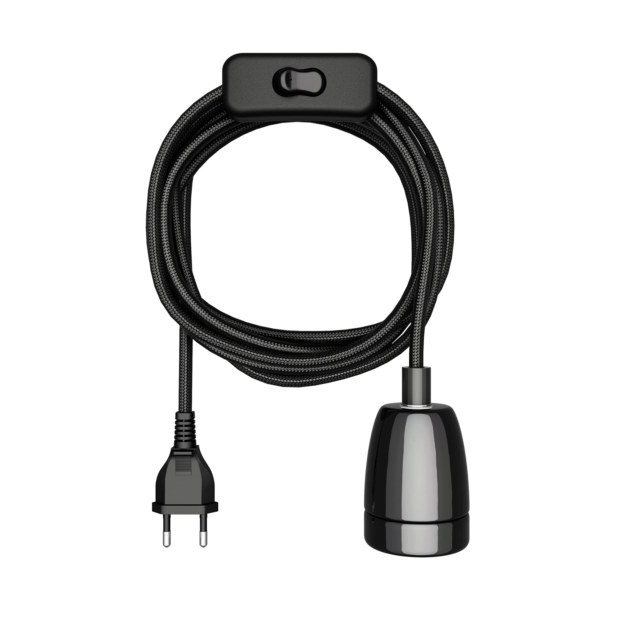 ledscom.de Textilkabel LEHA II, Stecker, Schalter, schwarz, 3 m, Porzellan-Fassung, 1x E27 max. 300W