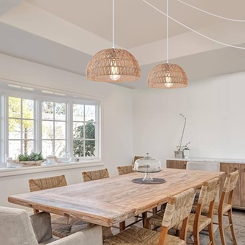 Miniatura 5 de Lámpara colgante de ratán tejida a mano, enchufable, de transición, minimalista, bohemio, cúpula, colgante para cocina, isla, comedor, restaurante,