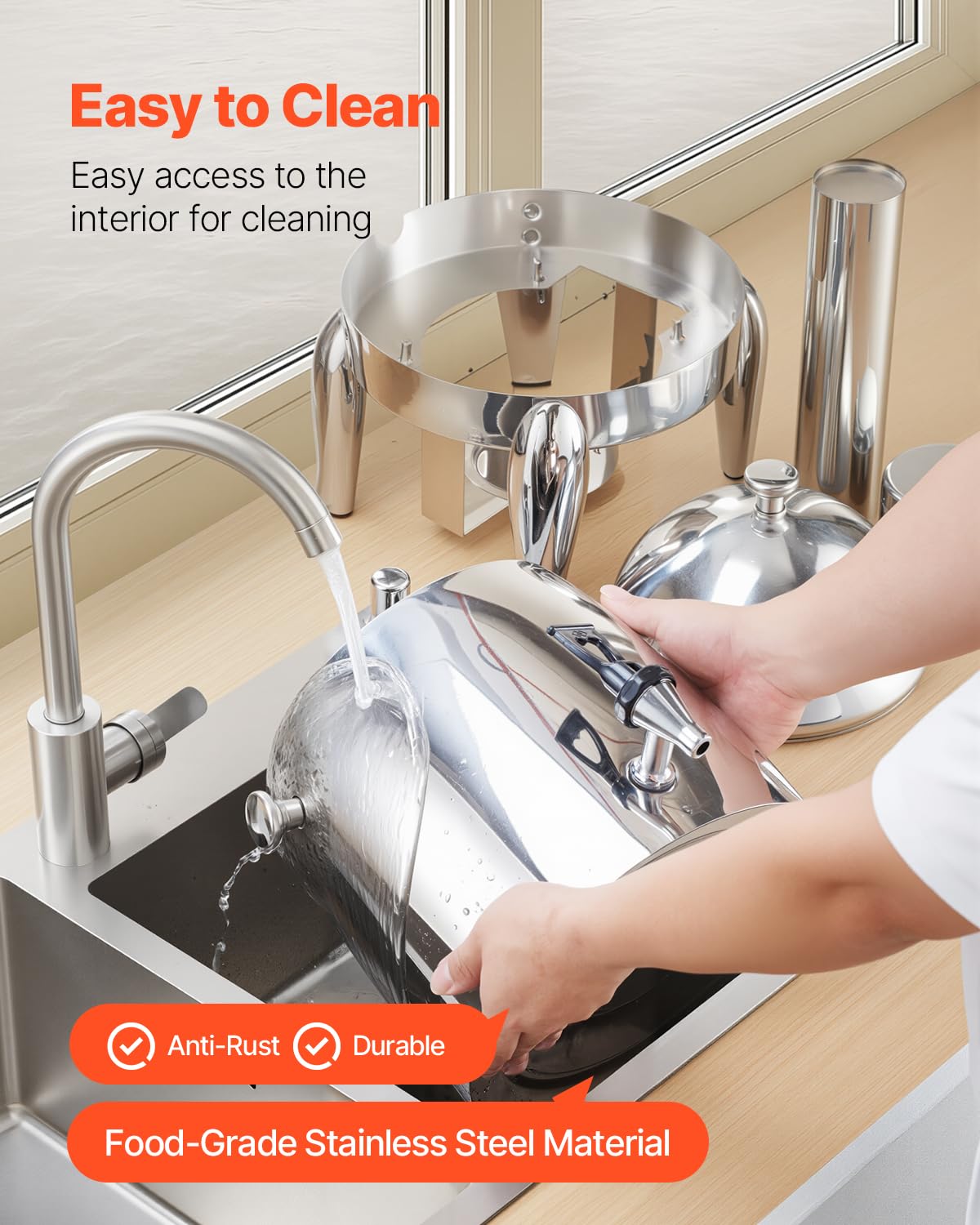 VEVOR Dispensador de Bebidas de Acero Inoxidable 12 L con Quemador de Alcohol, para Café, Té y Agua Caliente, con Grifo para Hielo, Ideal para Restaurantes, Hoteles y Fiestas, 280 x 280 x 520 mm