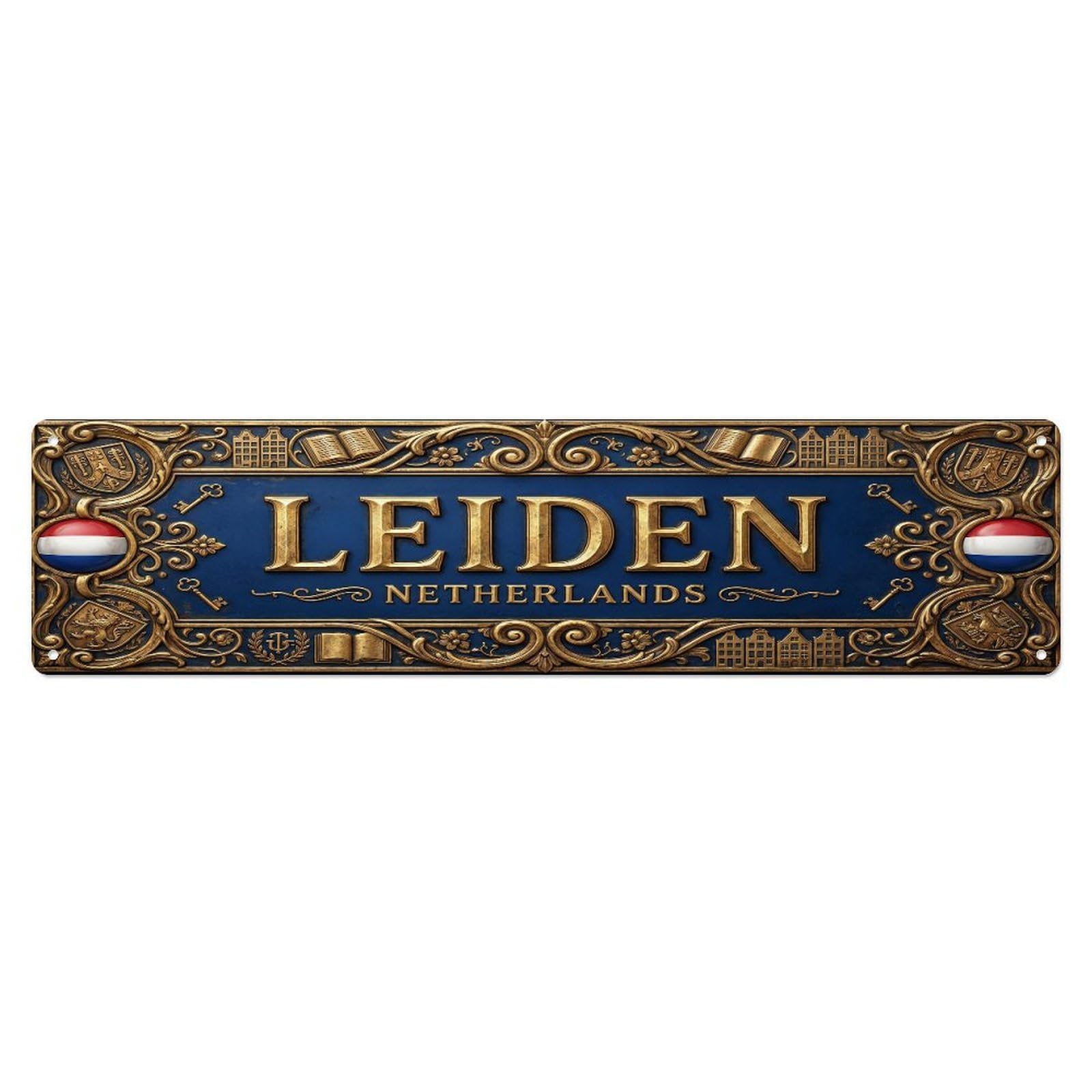 Vintage Leiden Netherlands Flag Pattern Metal Tin Sign