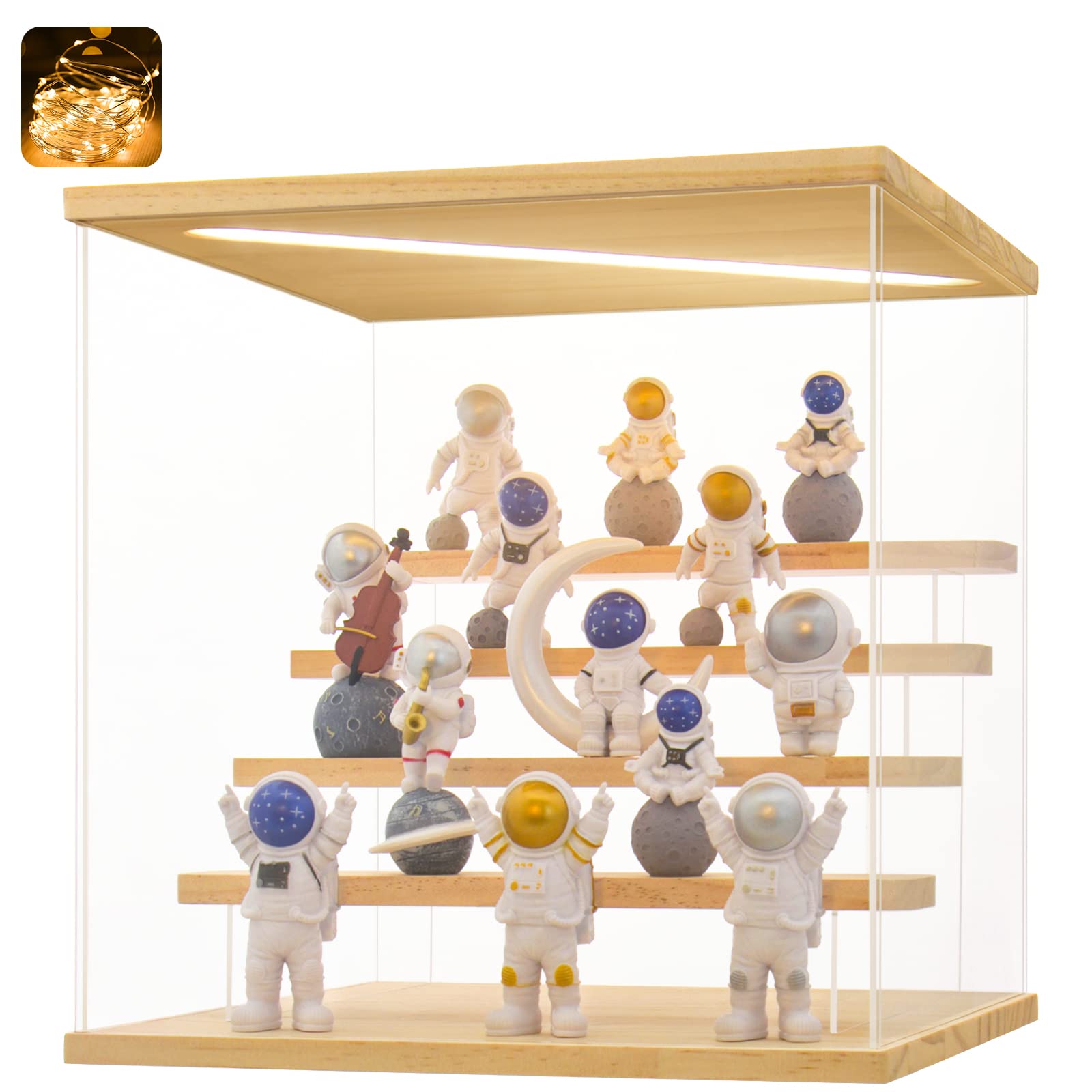 Huijintao Wood-Led Light Clear Acrylic Display Case With Light For Collectibles, 5 Tier Wood Base Assemble Box Storage Box Dustproof Showcase For Toys Collectibles（5Tier 11.8*11*11.8Inch）