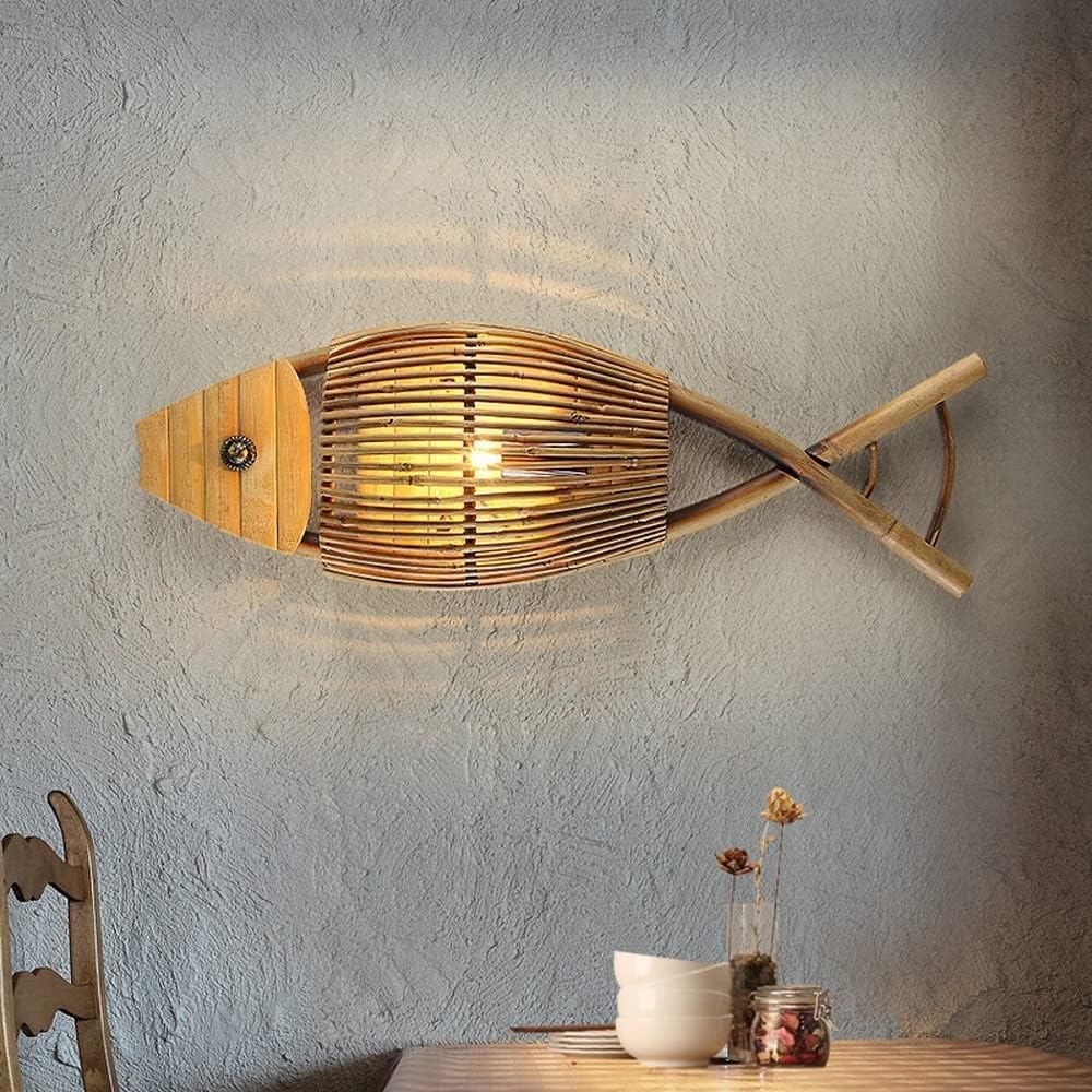 Applique da Parete per Interni, Camera da Letto, corridoio, Stile Vintage, in bambù Intrecciato a Mano, a Forma di Pesce: Grande Pesce Cinese in bambù, Lampada Fatta a Mano, perfet