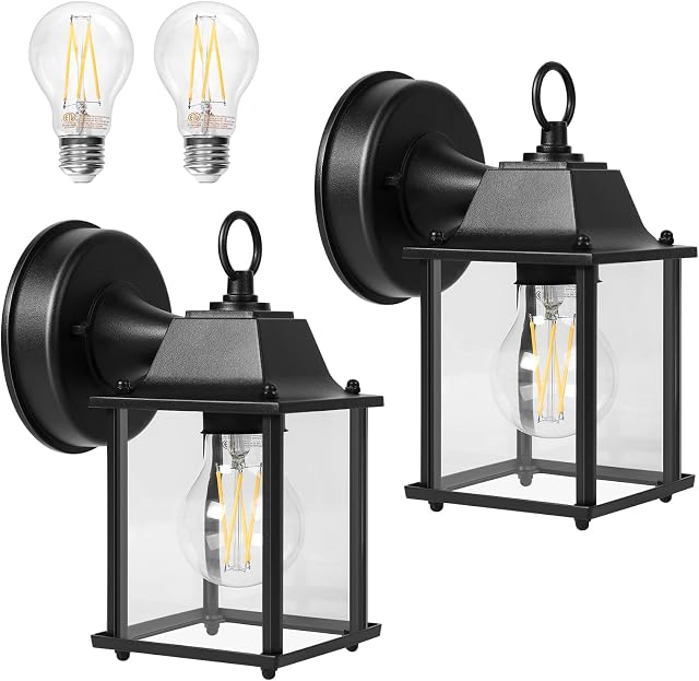 2 Pack Outdoor Wall Light, Exterior Waterproof Wall Sconce Light Fixtures, Black Front Door Wall Lantern with Clear Glass Shade, Aluminum Anti-Rust Porch Lights for Garage, A19 Bulbs Included