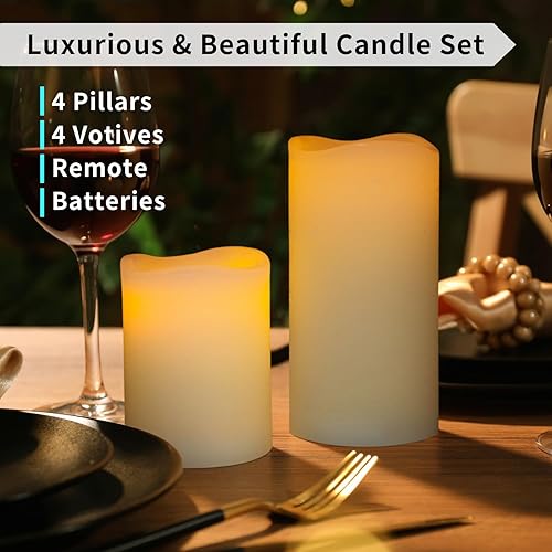 Miniatura 5 de FURORA LIGHTING Velas sin llama de cera real marfil con control remoto y temporizador, 4 pilares y 4 votivas, paquete de 8, velas parpadeantes sin