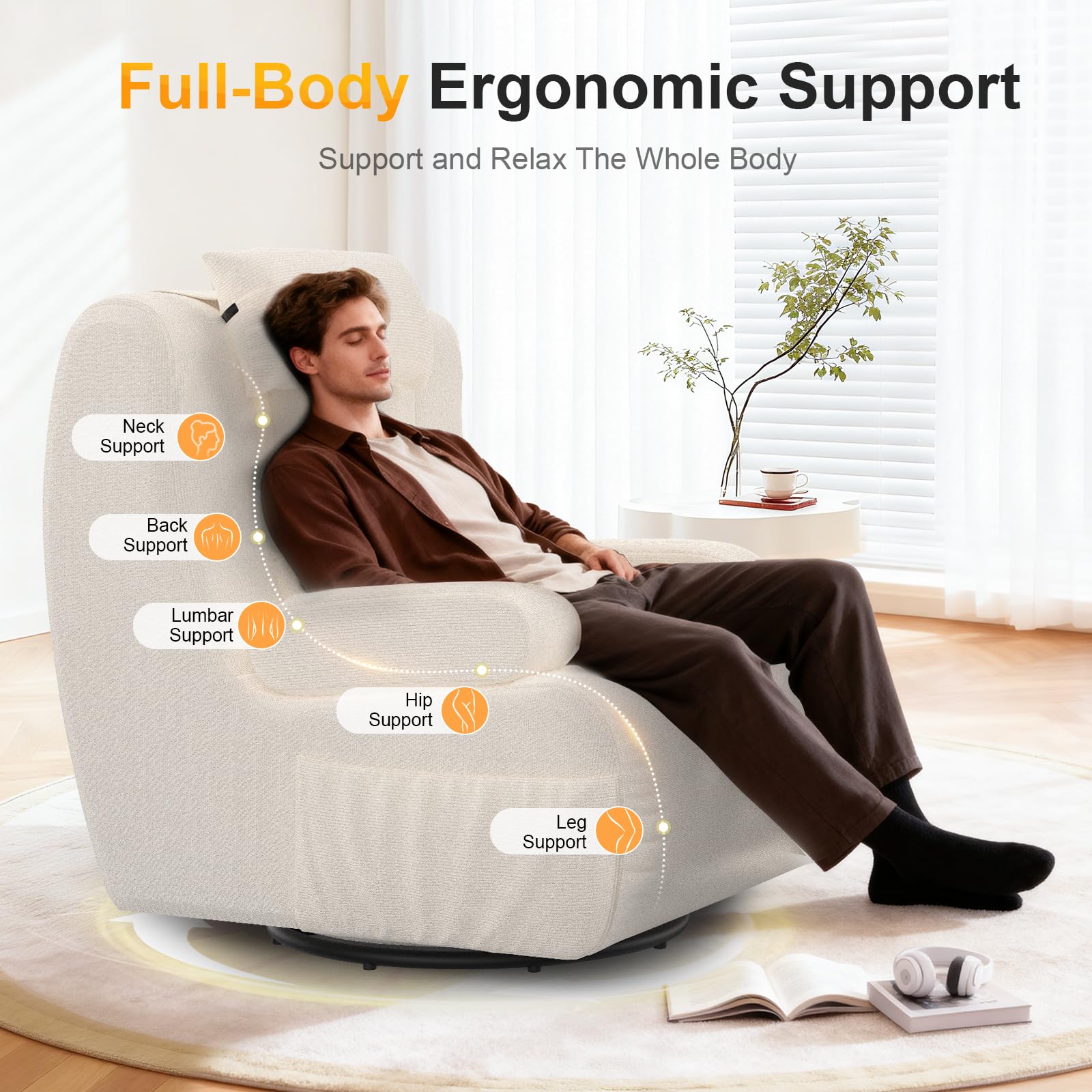 3-in-1 Relaxsessel, 360°Drehsessel,Extragroßer,Gepolsterter Hochlehner-Sessel mit 2 zusätzlichen Kissen, 2 Seitentaschen,Gepolstertem Sitzkissen und Rückenlehne, Akzent-Relaxsessel (Beige)