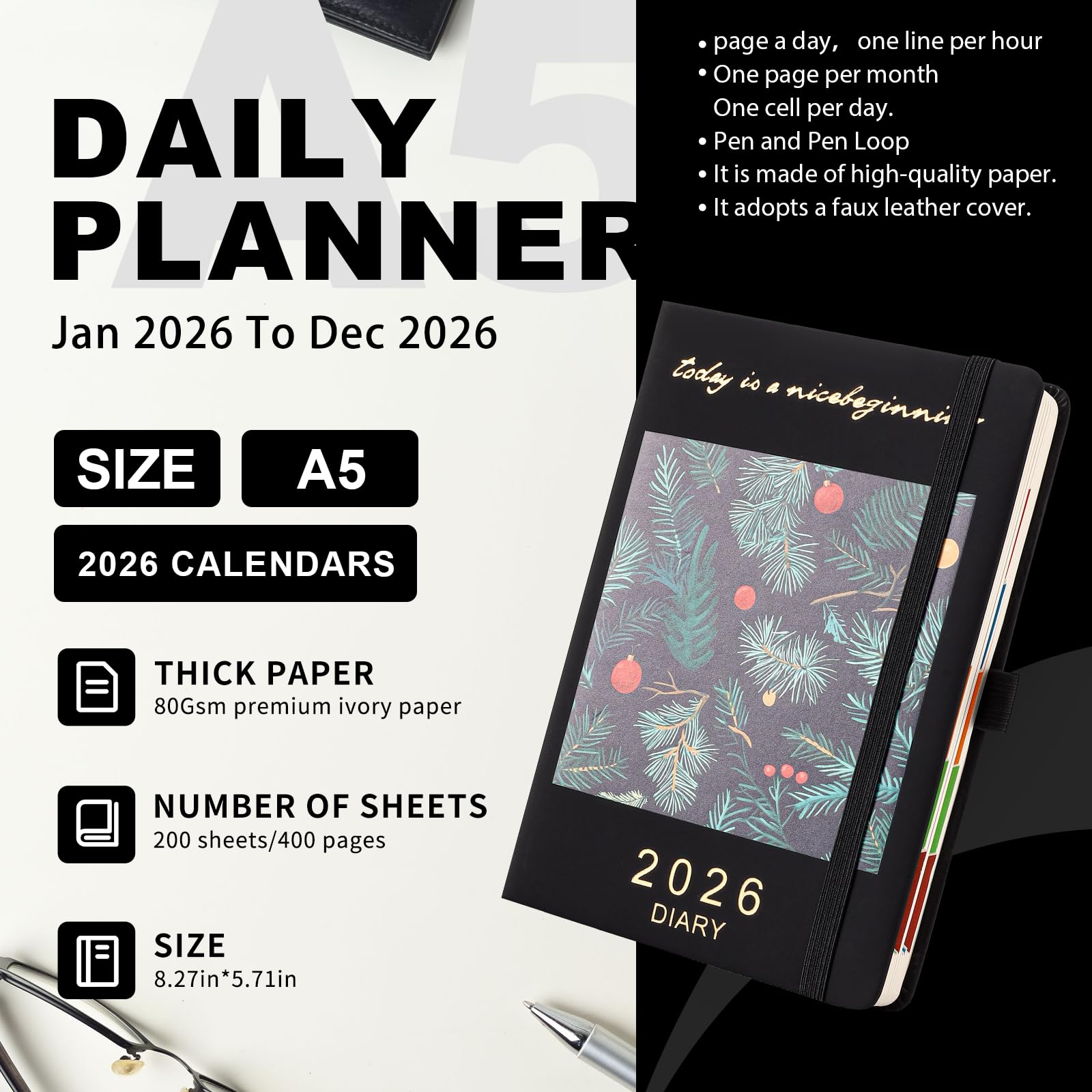 Diary 2026 Day to Page A5,Organsier Daily Planner from Jan 2026-Dec 2026,Schedule Diary Monthly View with Pen Holder,Coloured Side Tabs,Inner Packet (Black, A5) - Image 4