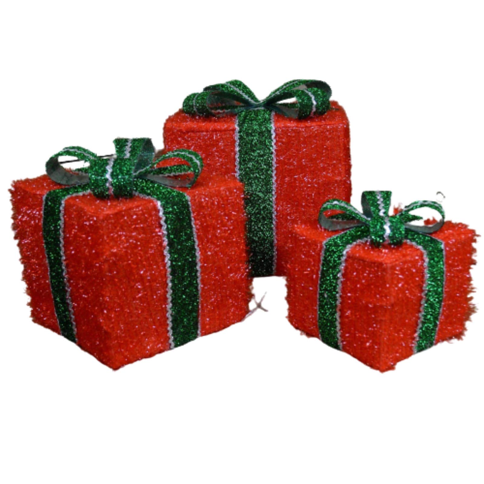 Be-Creative - Set di 3 scatole regalo a LED per interni, con fiocco verde, con luci bianche calde, 15-25 cm