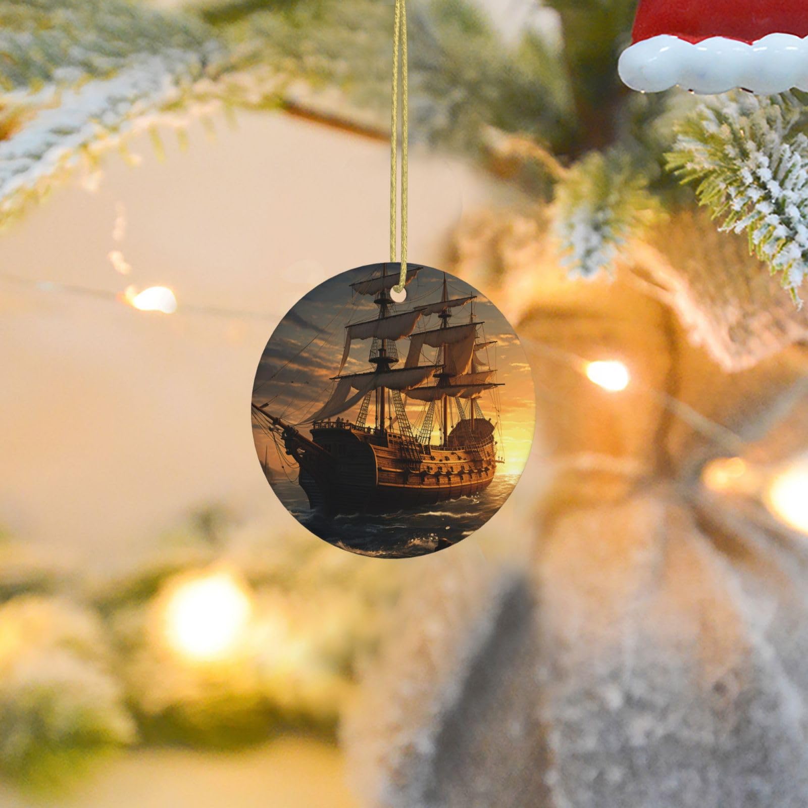 Christmas Tree Ornaments Ceramics Christmas Round Decorations Fantasy Pirate Ship Ceramics Ornaments Circle Pentagram Xmas Tree Hanging Pendant for Christmas Tree Party Holiday Home Decor