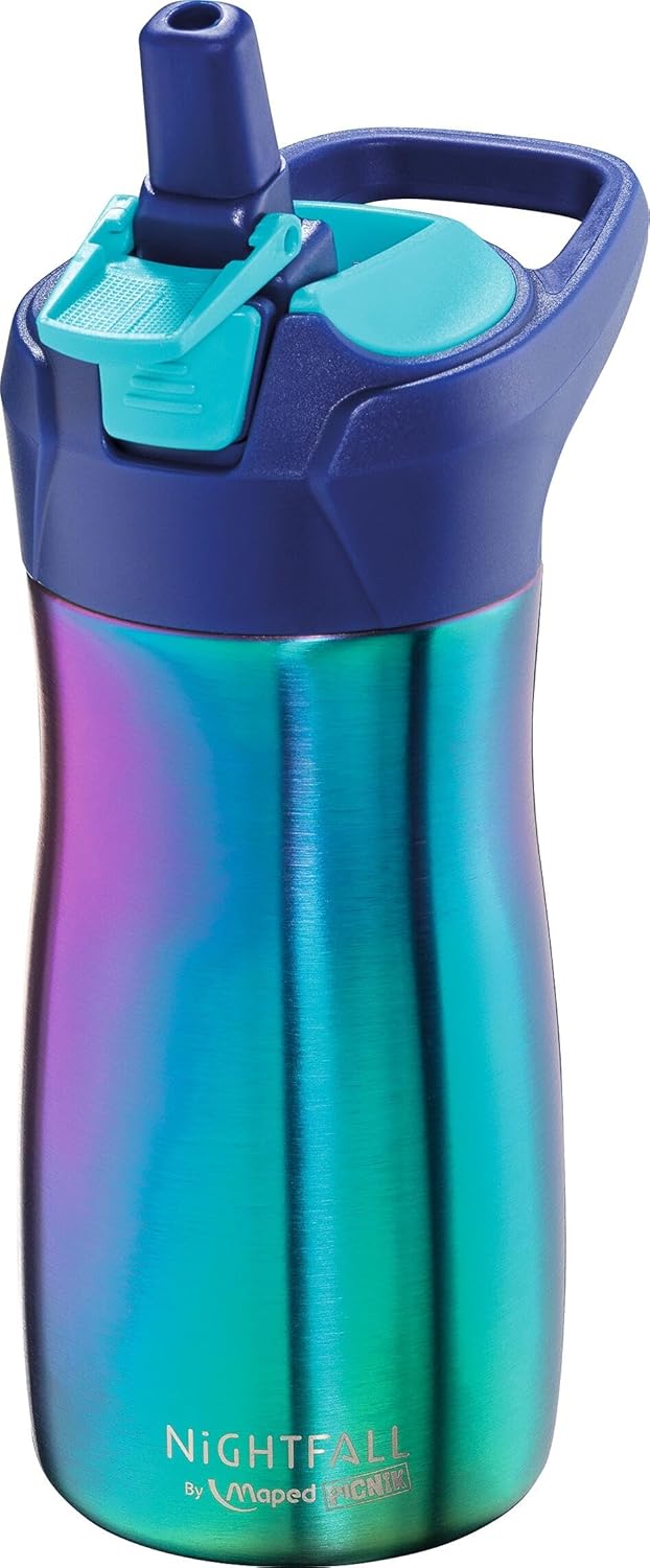 Maped - Water Bottle - Nightfall Collection - 430 ml Stainless Steel Bottle - Blue Color - Easy to Open with Lock Button - Includes a Handle - Easy Cleaning