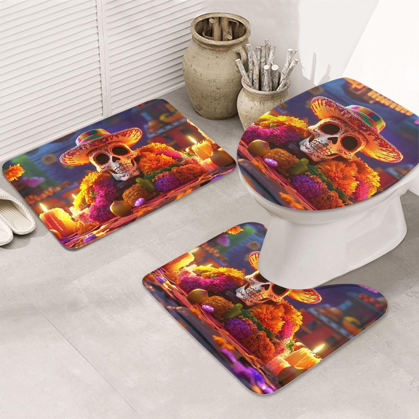 Alfombras de baño de calavera mexicana para un toque vibrante del Día de los Muertos en tu hogar