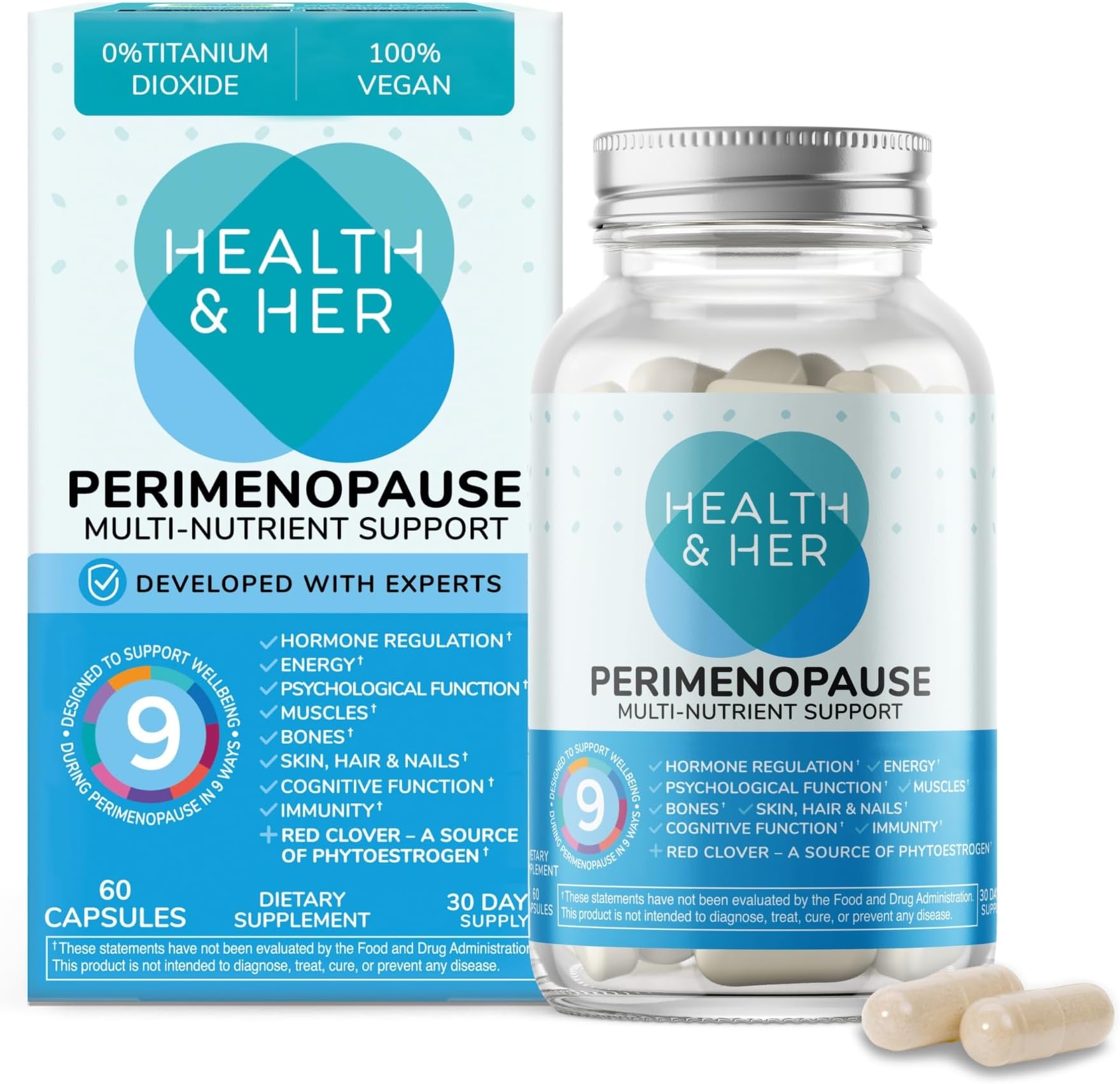 Health & Her Perimenopause Supplement, 9-in-1 Multivitamin, 30 Day Supply | 9-in-1 daily multivitamin for women during perimenopause, with Ashwagandha & Red Clover; Vegan, gluten-free; 60 capsules
