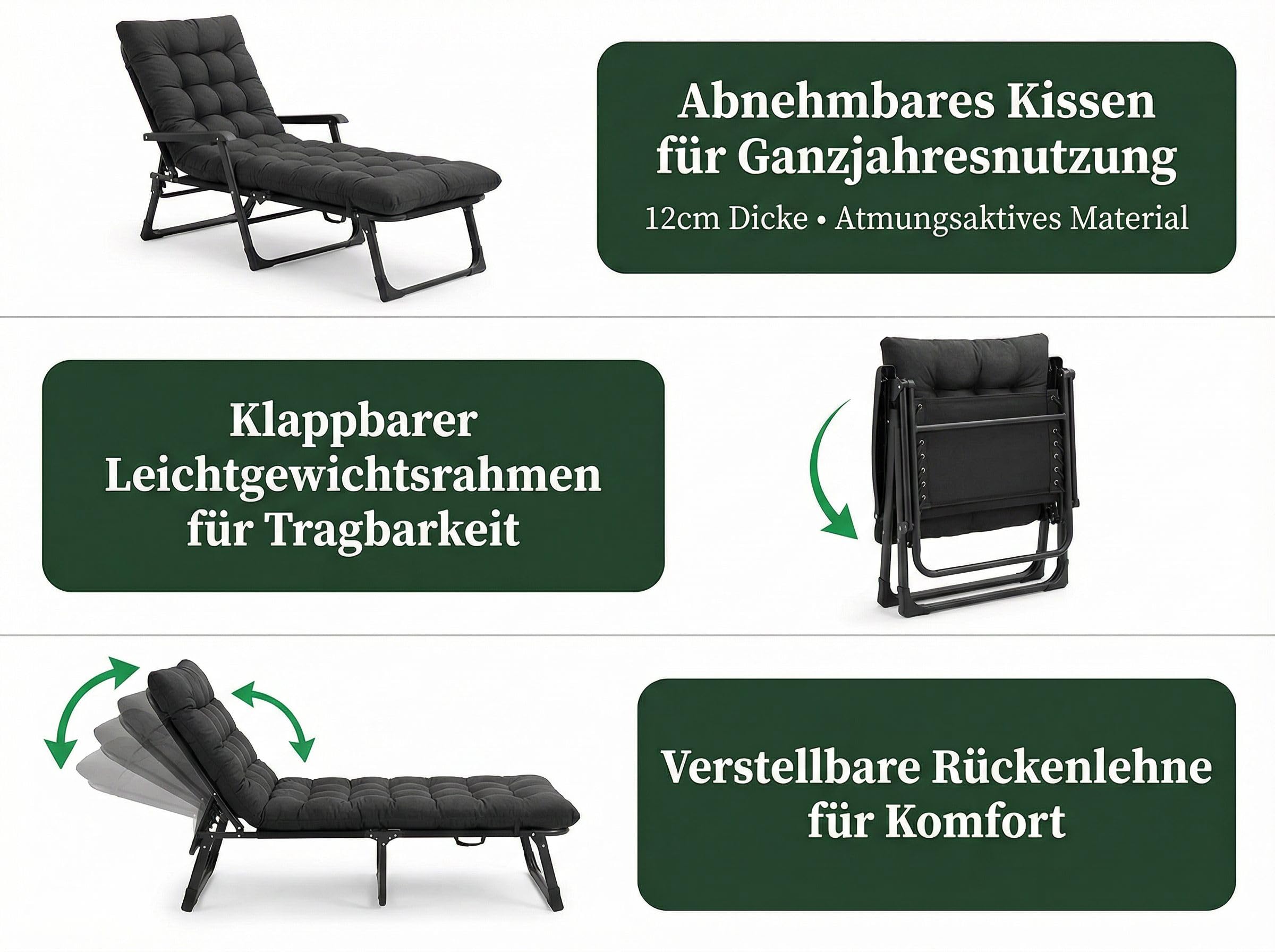 Folding Lounger,Sonnenliege Klappbett Gästebett Klappbar Liegestuhl,4 Positionen Verstellbares Tragbares Multifunktions-Campingbett,Mit Matratze Seitentasche (Schwarz 1 Stück)