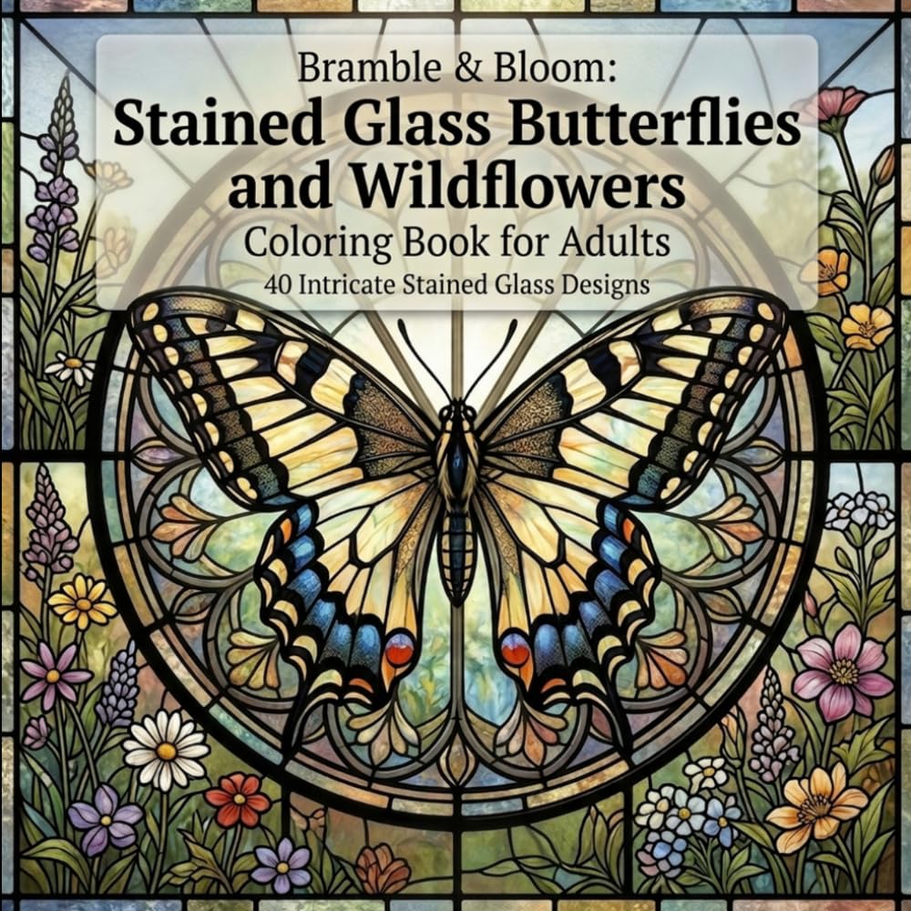 Bramble & Bloom: Stained Glass Butterflies and Wildflowers Coloring Book for Adults: 40 Intricate Stained Glass Designs Featuring Butterflies, Floral ... for Relaxation and Creative Expression