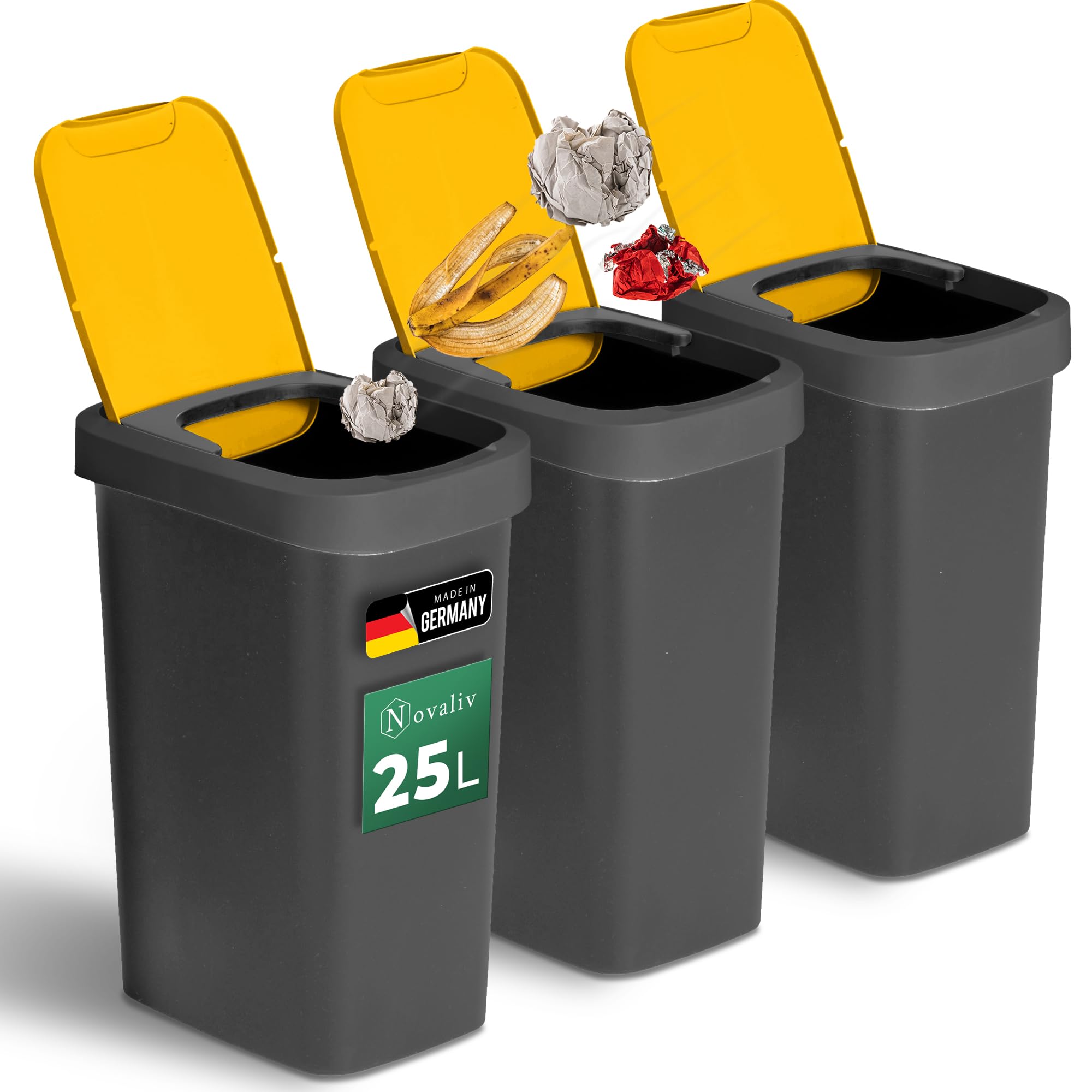 Novaliv Zestaw 3 koszy na śmieci 25 l z uchylną pokrywą, żółte, segregacja śmieci, do żółtego worka i opakowań, z recyklingu, system segregacji odpadów, do kuchni, gospodarstwa domowego, biura, wiadro