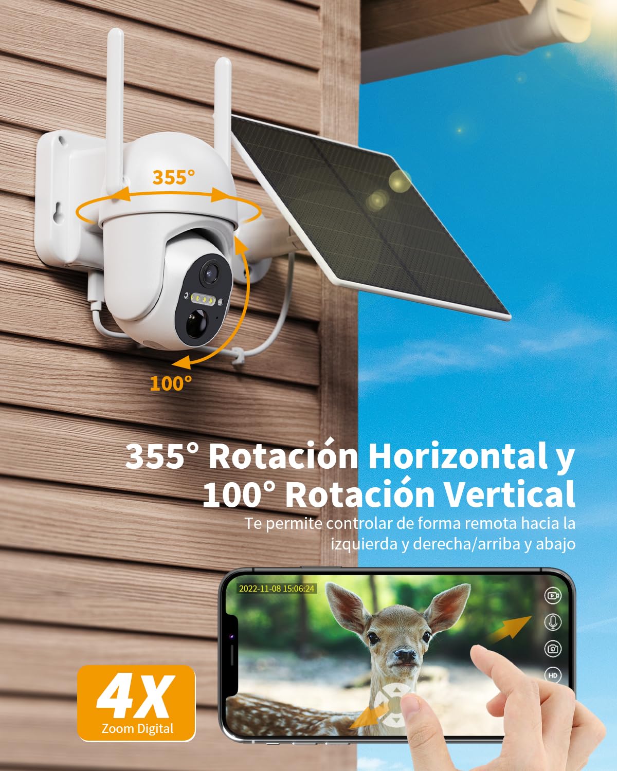 4G LTE Camara Vigilancia Exterior con Panel Solar, 2K 360° PTZ Cámara Vigilancia con Tarjeta SIM, PIR Detección de Movimiento, Visión Nocturna en Color, Audio Bidireccional, IP66 Impermeable