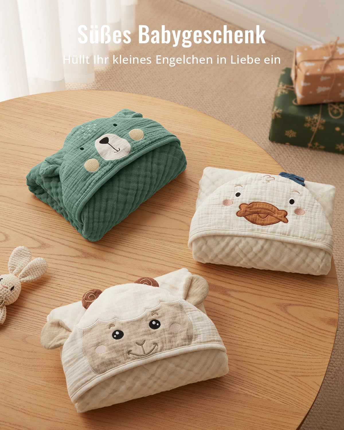 Blissful Diary Musselin Baby kapuzenhandtuch Baby, 2er-Pack,Weiche und Saugfähige Baby Handtuch Kapuze, Baumwolle Baby Badetuch Unisex, Babygeschenk, Baby-Basics, 81x81cm, Bär & Lamm