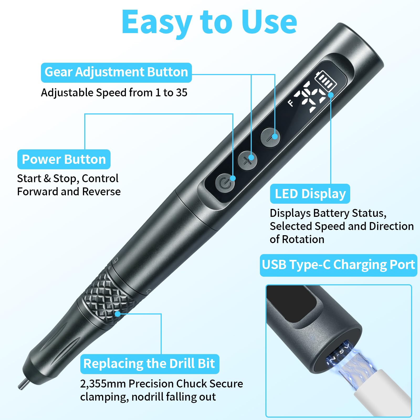 CGBE 35-Gang-Regler Gravierstift mit 58 Gravurzubehör: USB-Aufladung Elektrischer Mini Gravurstift Set für Künstler Heimwerker - Anfängerfreundlich Gravierwerkzeug mit LED-Anzeige für Glas Holz Stein