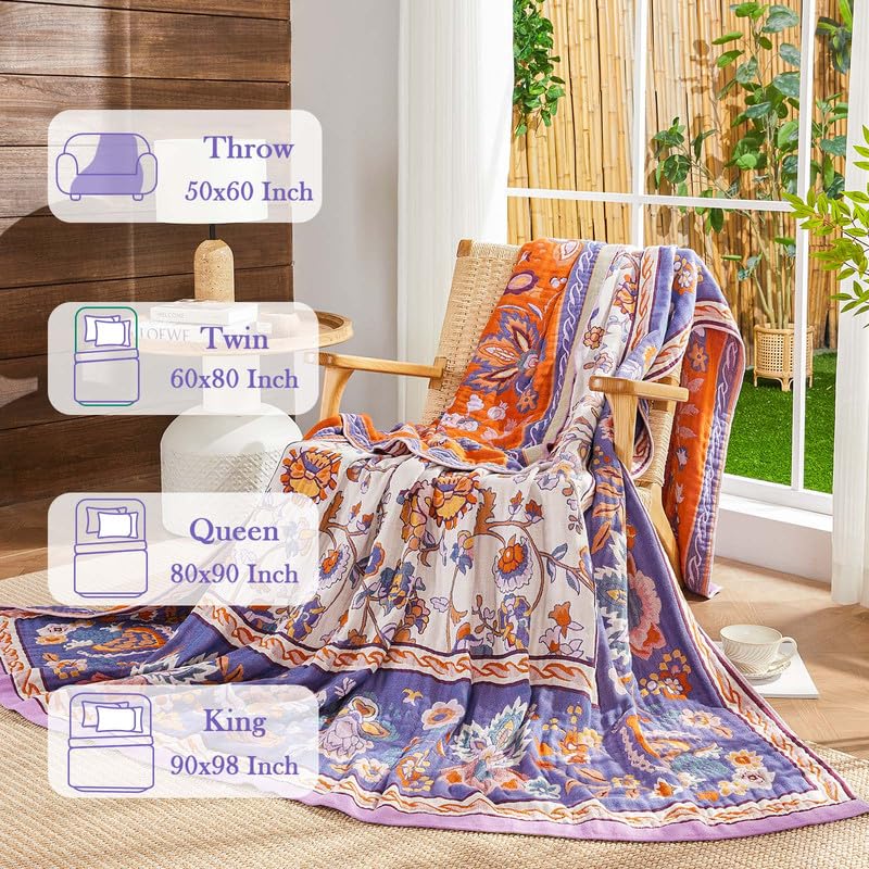 Image of Boho Throw Blanket Cotton Muslin Woven Flower Decorative Blankets 80 inchx90 inch