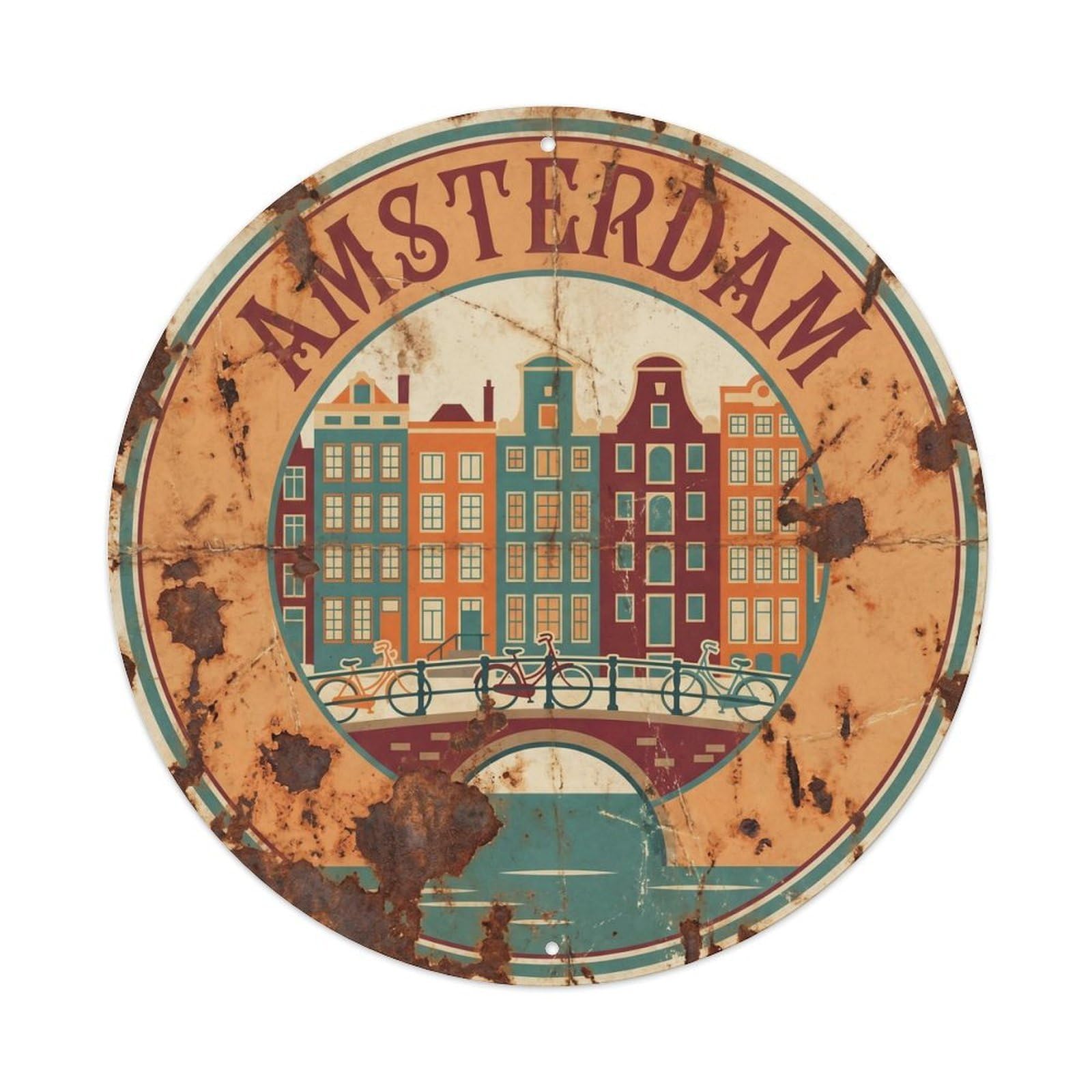 Vintage Travel Amsterdam Bicycle Canal Metal Tin Sign Plaque