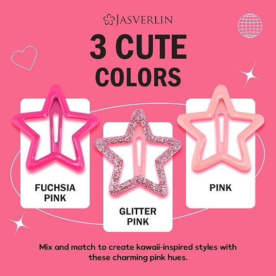 JASVERLIN Pink Star Snap Hair Clips, Y2K Pink Hair Accessories, 36 Pcs | Glitter Metal Barrettes in Assorted Sizes for Fine or Thick Hair, Cute Kawaii Style for Concerts, Parties and Daily Looks