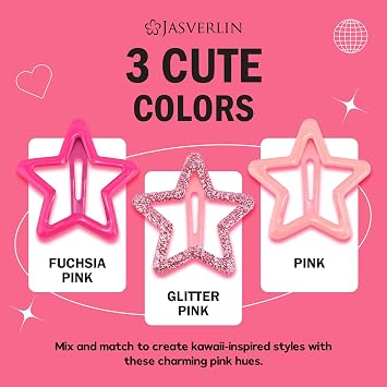 JASVERLIN Pink Star Snap Hair Clips, Y2K Pink Hair Accessories, 36 Pcs | Glitter Metal Barrettes in Assorted Sizes for Fine or Thick Hair, Cute Kawaii Style for Concerts, Parties and Daily Looks