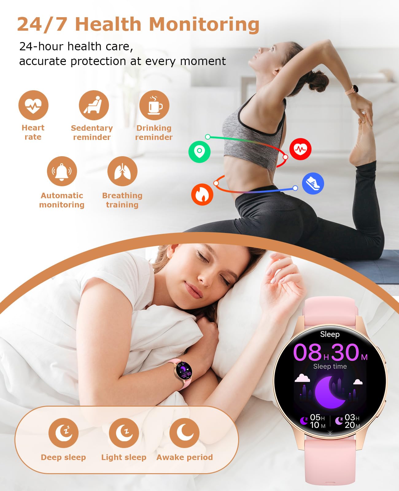 Miecgth 2025 Smartwatch Donna con SIRI/ET/HRV, 1.27" TFT Orologio Donna con Chiamate Cardiofrequenzimetro Ciclo Mestruale IP68 24H Sonno Caloria Fitness Tracker per Android & iOS (Oro rosa)