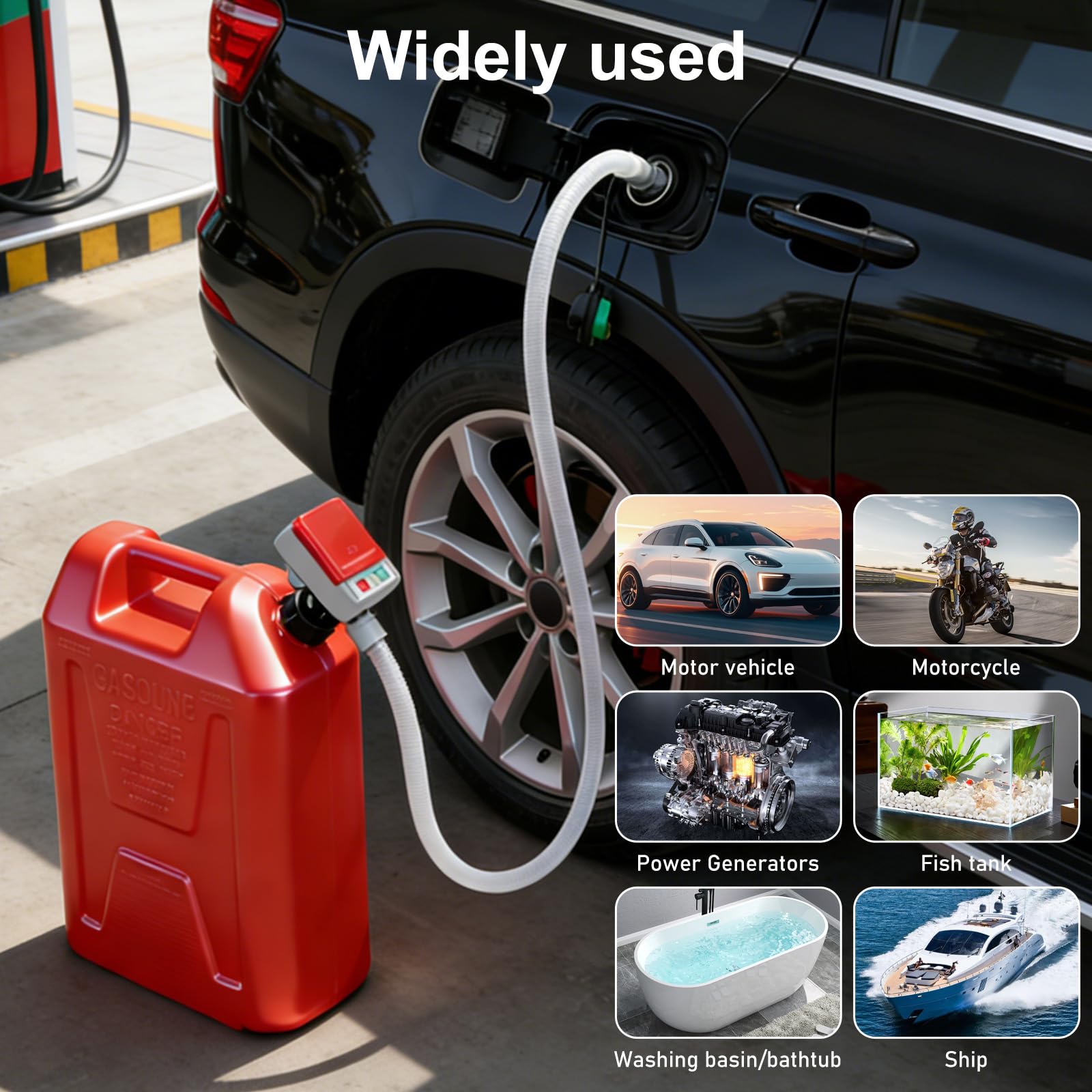 Bomba de combustible con sensor de parada automática, bomba de transferencia de combustible (2,4 GPM) con 3 tamaños de adaptador, bomba de transferencia eléctrica con mangueras y pistola de extracción