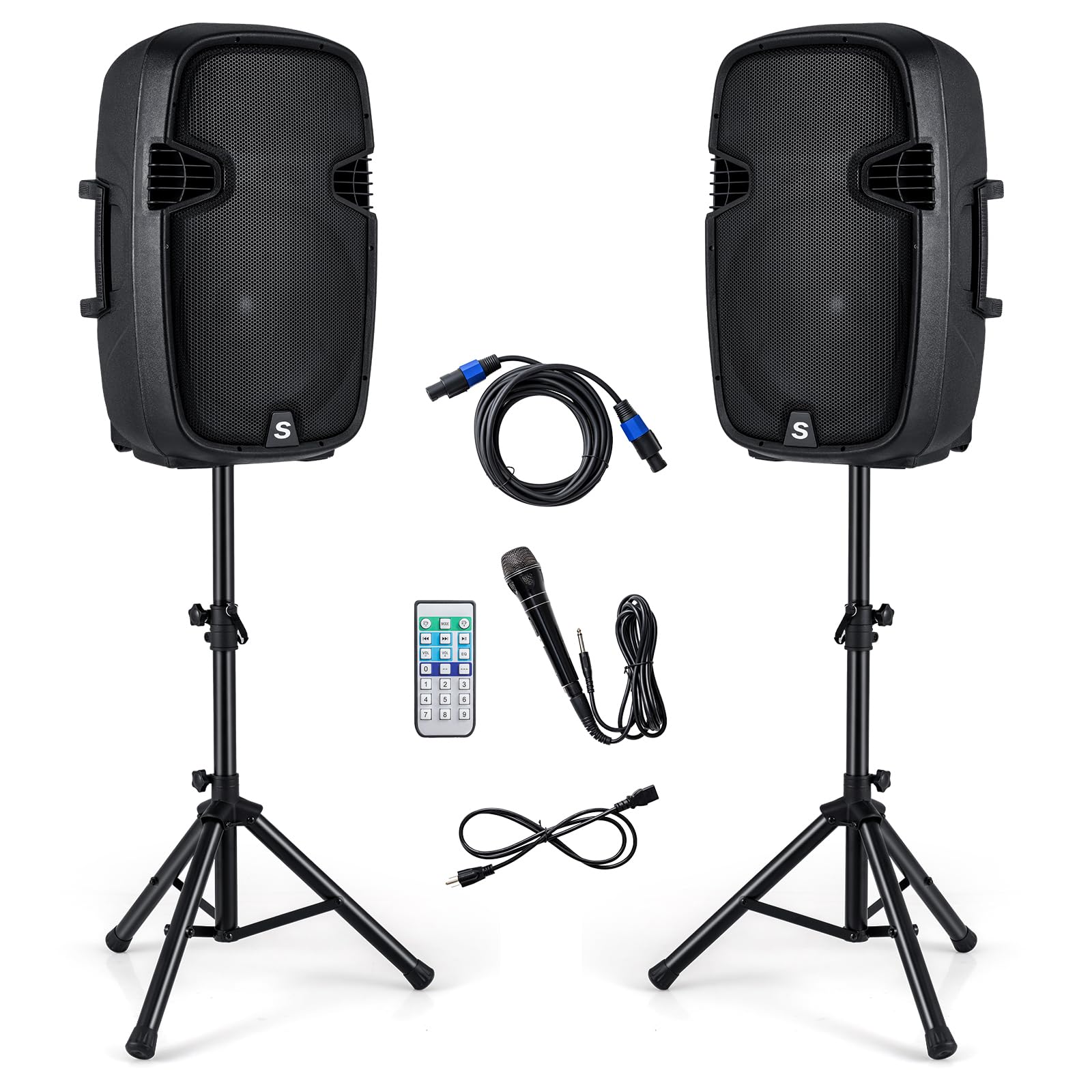 Suono 15" Dual Powered Speakers, 3000W 2-Way Portable Loud Speaker with Stands, Microphone for Indoor Outdoor Party (Active+Passive Speakers + Stands)