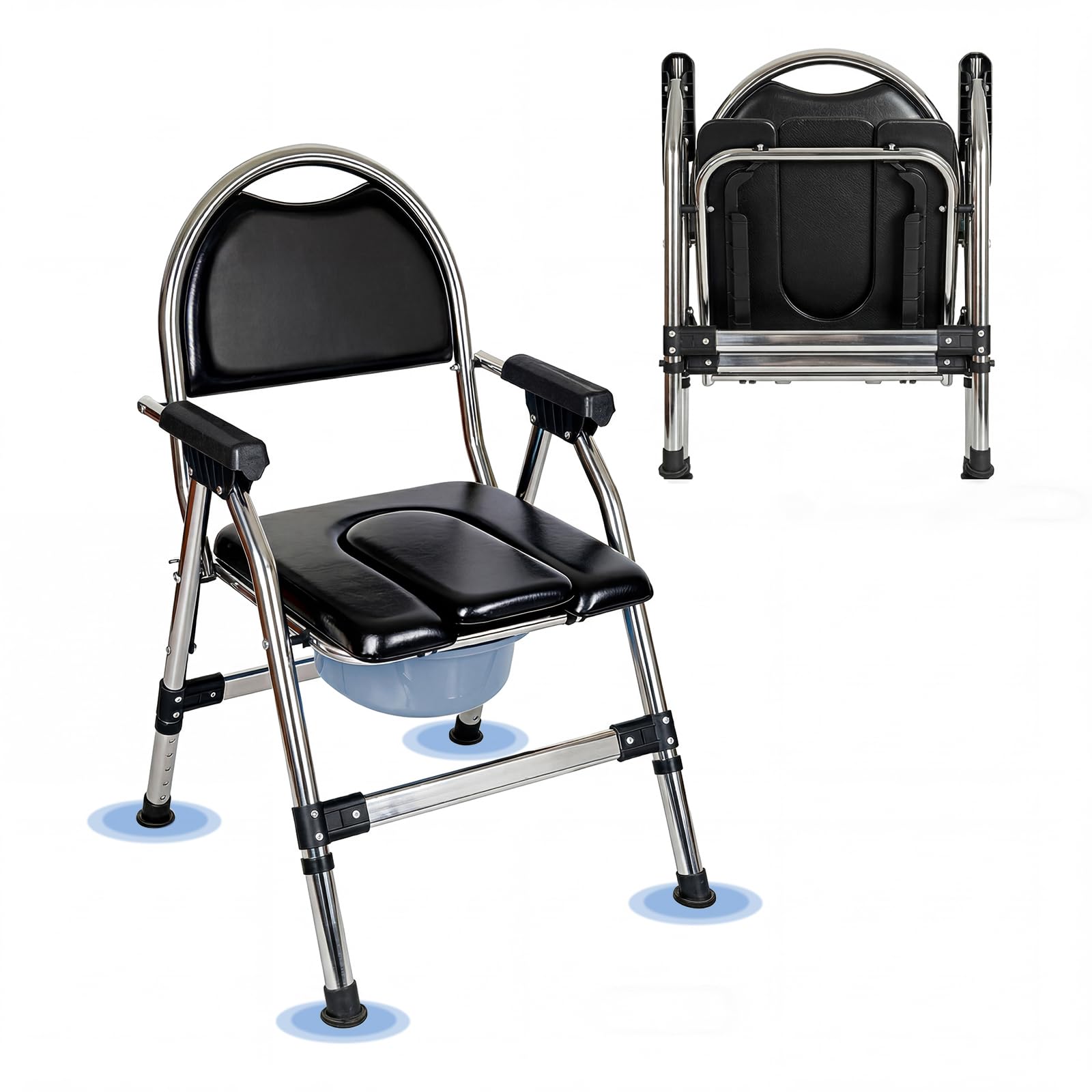 Levede Black (Stainless Steel Frame) Commode Toilet Chair, Height Adjustable Bedside Commode Chairs, Foldable Toilet Chair For Elderly & Disabled, Portable Toilets For Adults With Padded Back And Seat, Non-Slip Leg And Arm Support