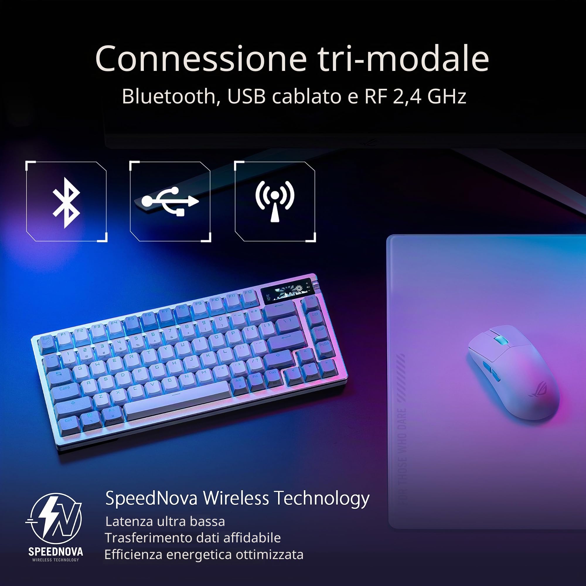 ASUS ROG Azoth White - Tastiera meccanica Gaming con connessione tri-modalità, display OLED, montaggio a giunto, switch e stabilizzatori di tastiera ROG NXRed prelubrificati, Hot-Swap, AZERTY Francese