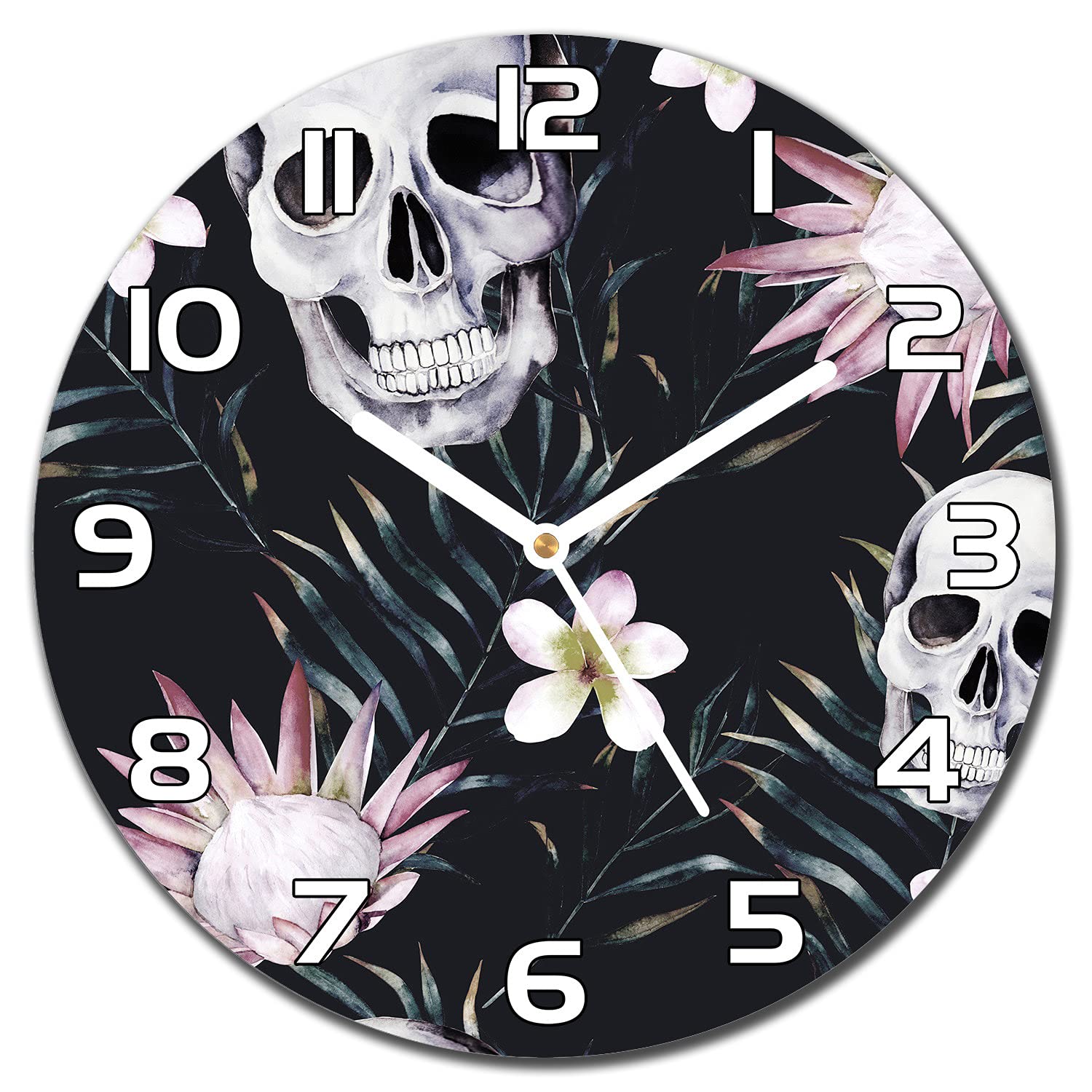Horloge en verre moderne 30 cm avec aiguilles blanches impression crânes