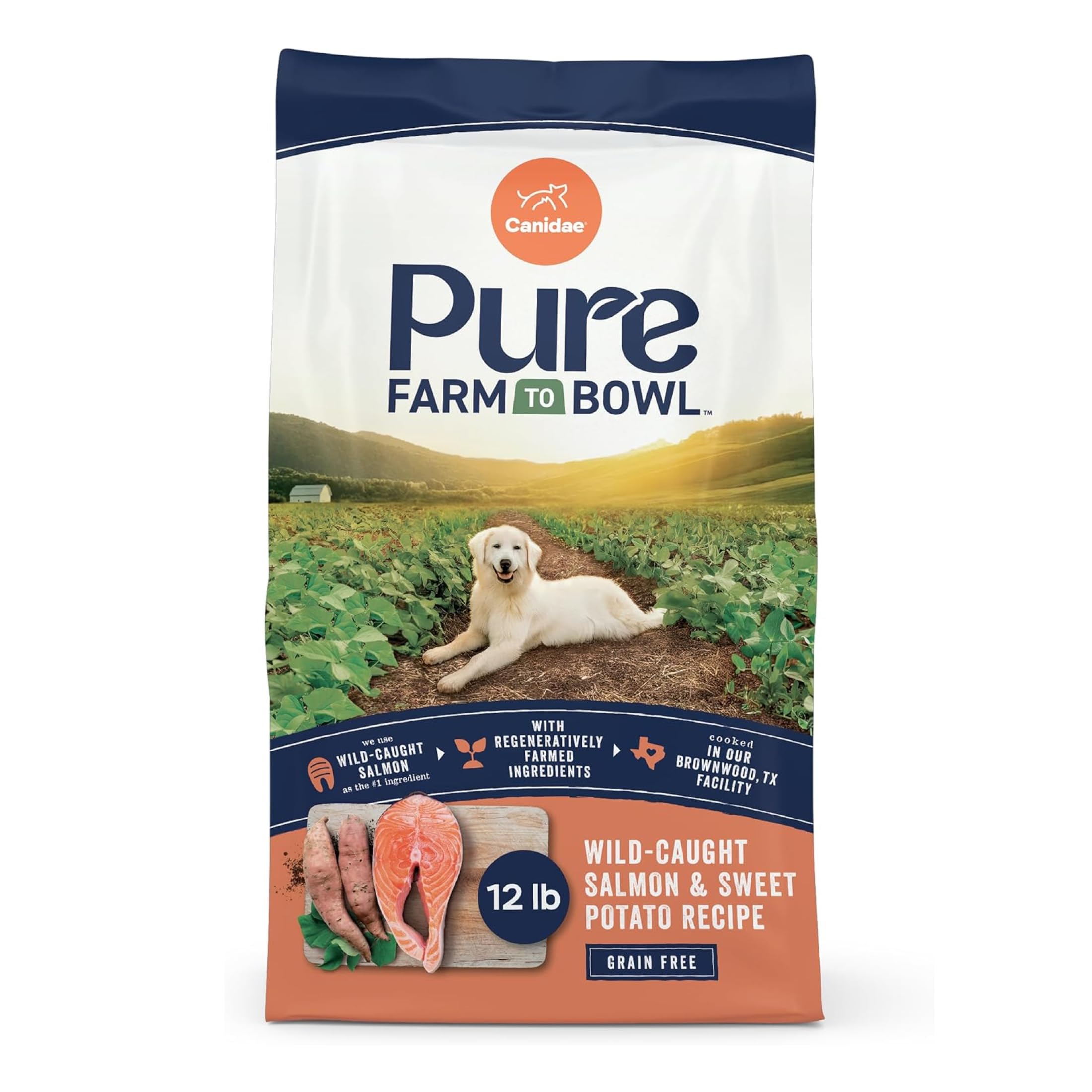 CANIDAE Pure Farm to Bowl, Wild-Caught Salmon & Sweet Potato, 12 lb | Adult Dry Dog Food with Balanced Nutrition, Protein Rich, Limited-Ingredient Formula, Free from Grain, Wheat, and Soy, Salmon & Sweet Potato, 12 Pound (Pack of 1)