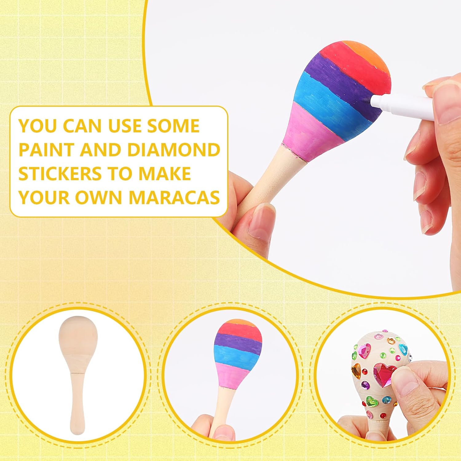 30 Pcs Wooden Maracas with DIY Tools Include Colored Pens Diamond Stickers Maracas Musical Instrument Mexican Fiesta Party Gifts Cinco De Mayo