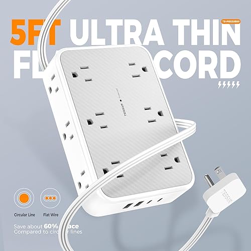 Miniatura 7 de TESSAN Regleta protectora de sobretensiones, cable de extensión plano de 5 pies con múltiples tomas, extensor de 12 salidas con 4 USB (2 USB-C),