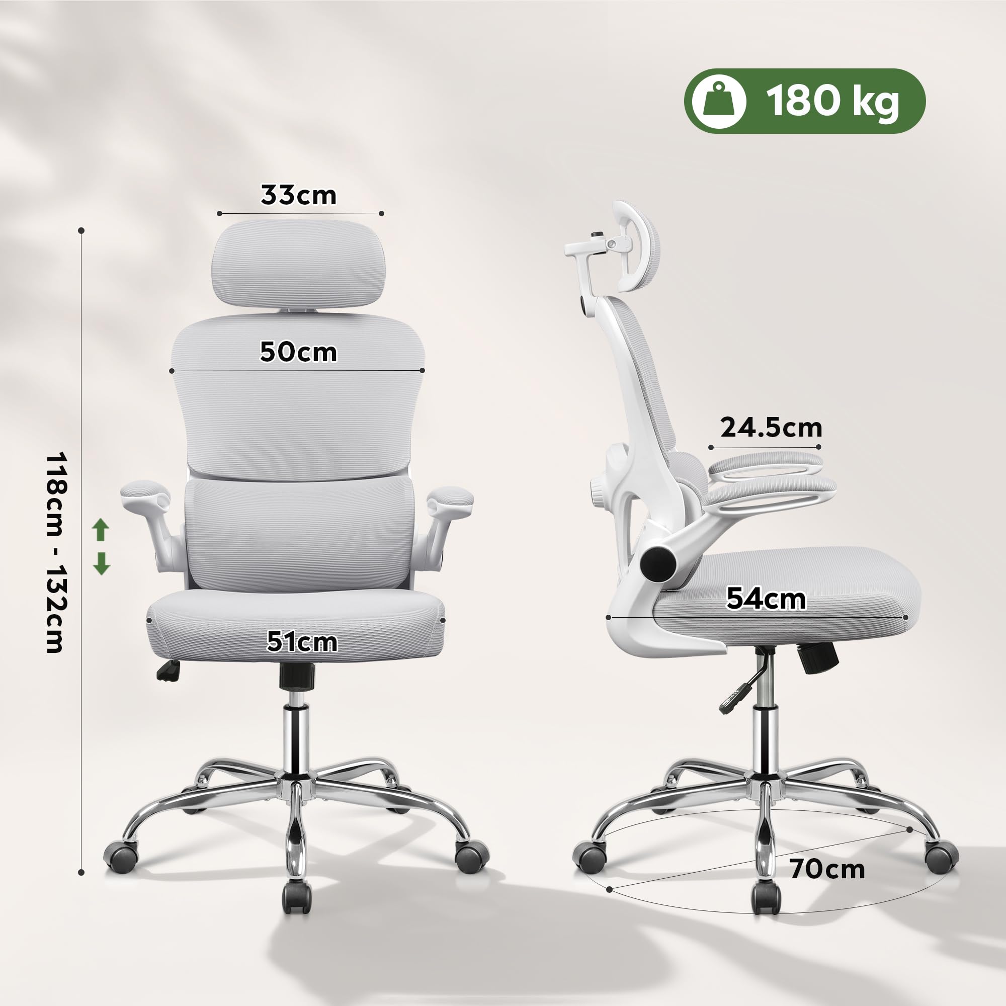 DEVAISE Bürostuhl Ergonomisch, Schreibtischstuhl mit Lendenwirbelstütze, 3D-Kopfstütze, 90° Klappbaren Armlehnen und Atmungsaktivem Netzrücken, Wippfunktion für Büro & Homeoffice, bis 150kg