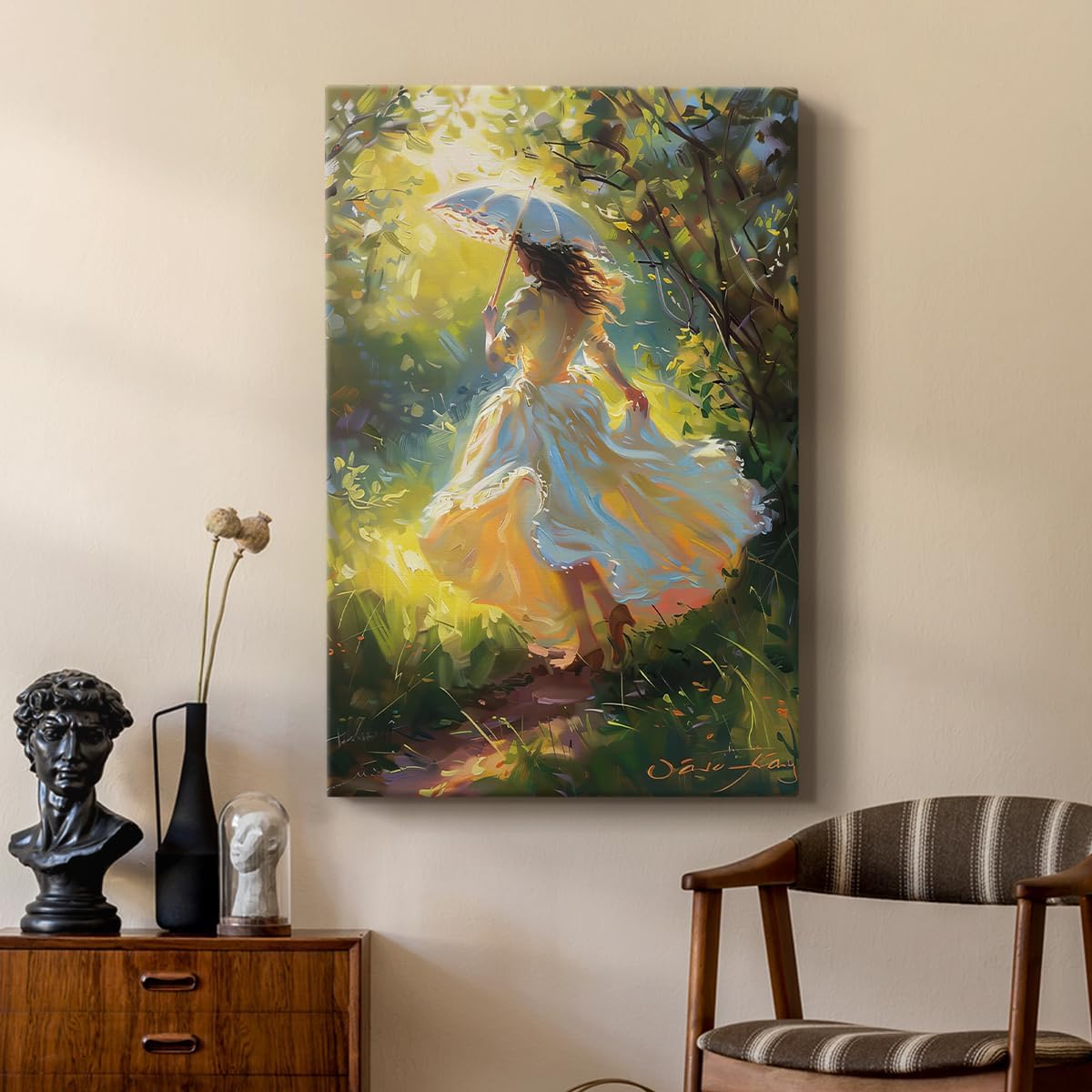Renditions Gallery Canvas Paintings & Prints White Dressed Woman in Green Forest Sun Light Wall Art Decorations for Bedroom Office Lounge - 12" X 18" LT565