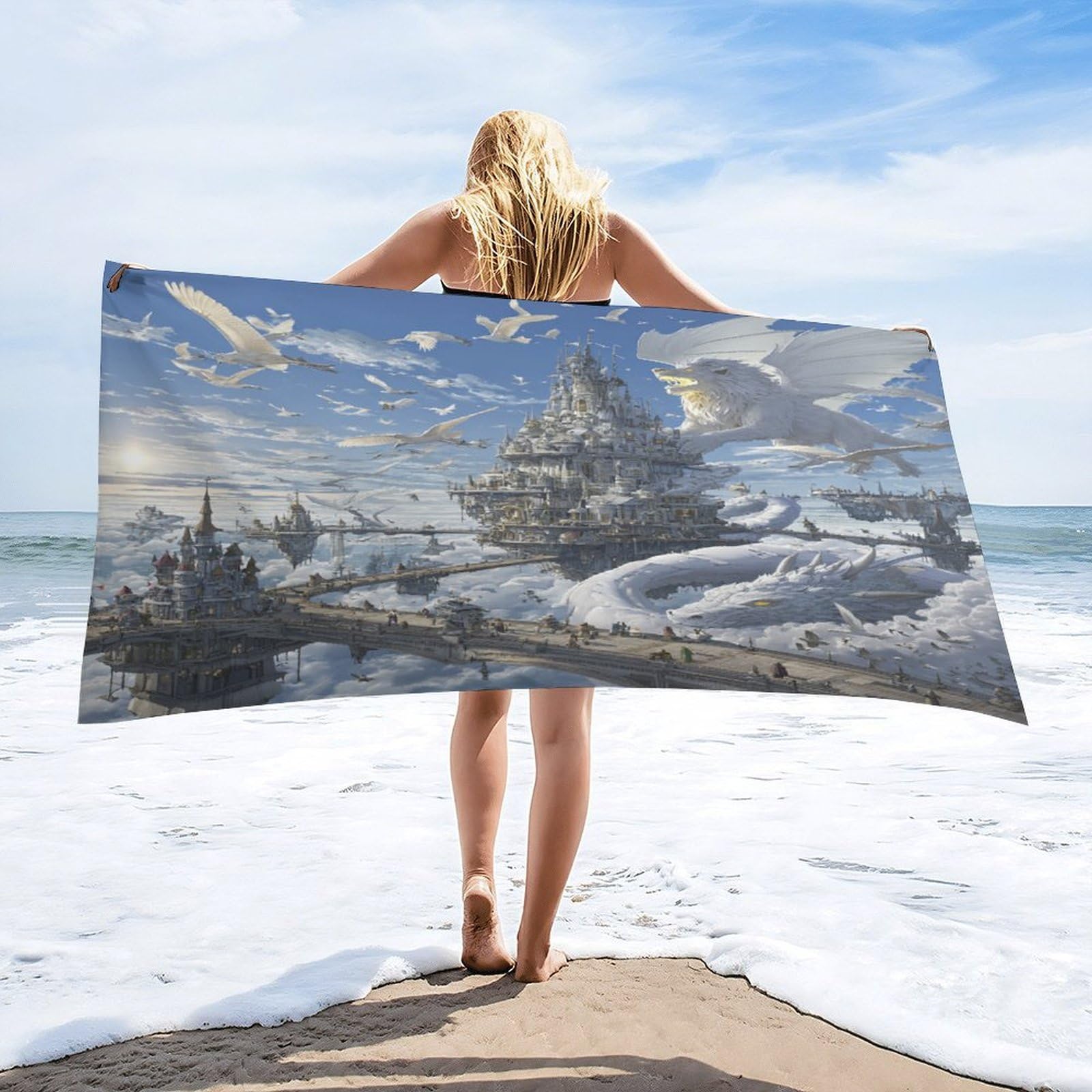 Luyysky Colorful Realistic Fantasy Dragon Absorbent Beach Towel, Beautiful Retro Sunrise Enchanted Castle Animal Bird Lion Outdoor Single-Sided Velvet Beach Towel-80 W Cm X 160" L Cm