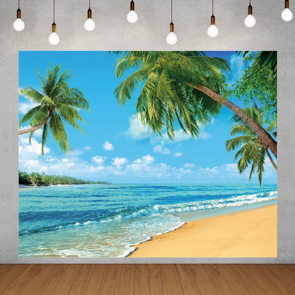 Beach Backdrop 10x8ft Hawaiian Ocean Sea Summer Tropical Palm Tree Seaside Backdrop Banner for Photoshoot Luau Aloha Hawaii Beach Party Decorations Background