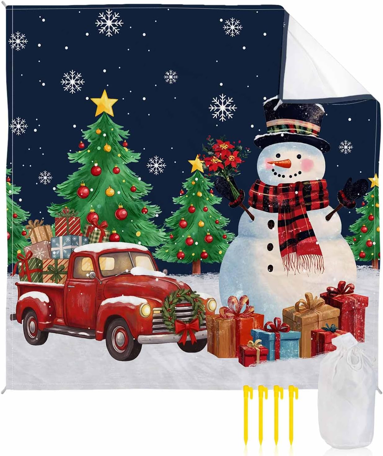 Beach Blanket, Christmas Snowman and Red and Black Buffalo Plaid Truck Beach Mat 95"x80" Large Picnic Blanket,Sandproof Waterproof Outdoor Beach Blankets for Travel Camping Hiking Beach Vacation