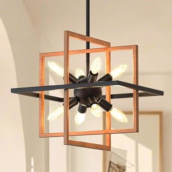 DORESshop 8-Light Wood Grain Sputnik Chandelier, 15" Modern Industrial Adjustable Hanging Light Fixture, Geometric Pendant Light Fixtures for Dining Room Living Room Kitchen Foyer Entryway Island