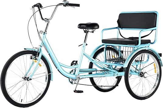 Tricycle Adult Folding Bicycle Comfortable seat 3 Wheel Bicycle Rear Enlarged Vegetable Basket Double Chain 20/24in for Parents and Children Maximum Load 440lbs 7speed