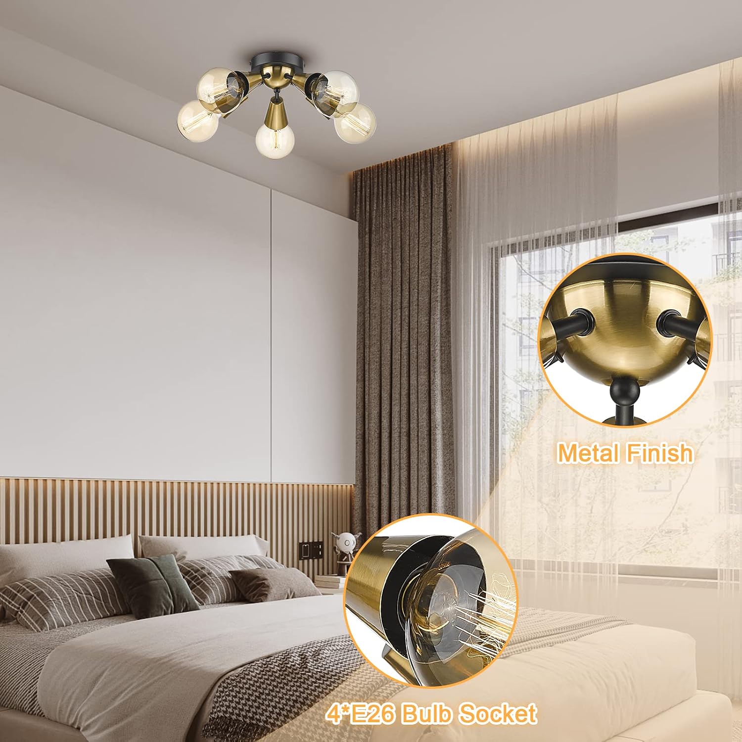 Close-up of the light fixture's metal finish and E26 bulb sockets